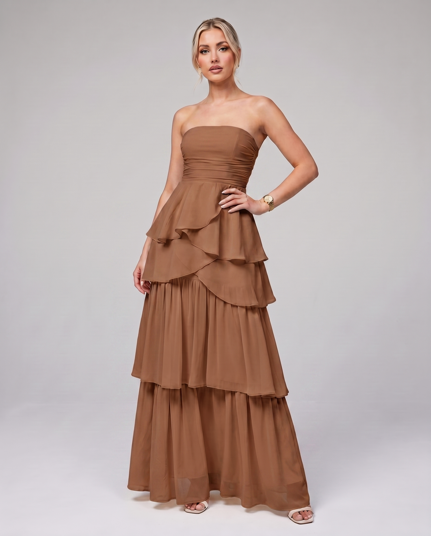 Chiffon Strapless A-Line Tiered Maxi Dress for Prom, Wedding Guest, Evening Events, Formal Parties and Special Occasions in B