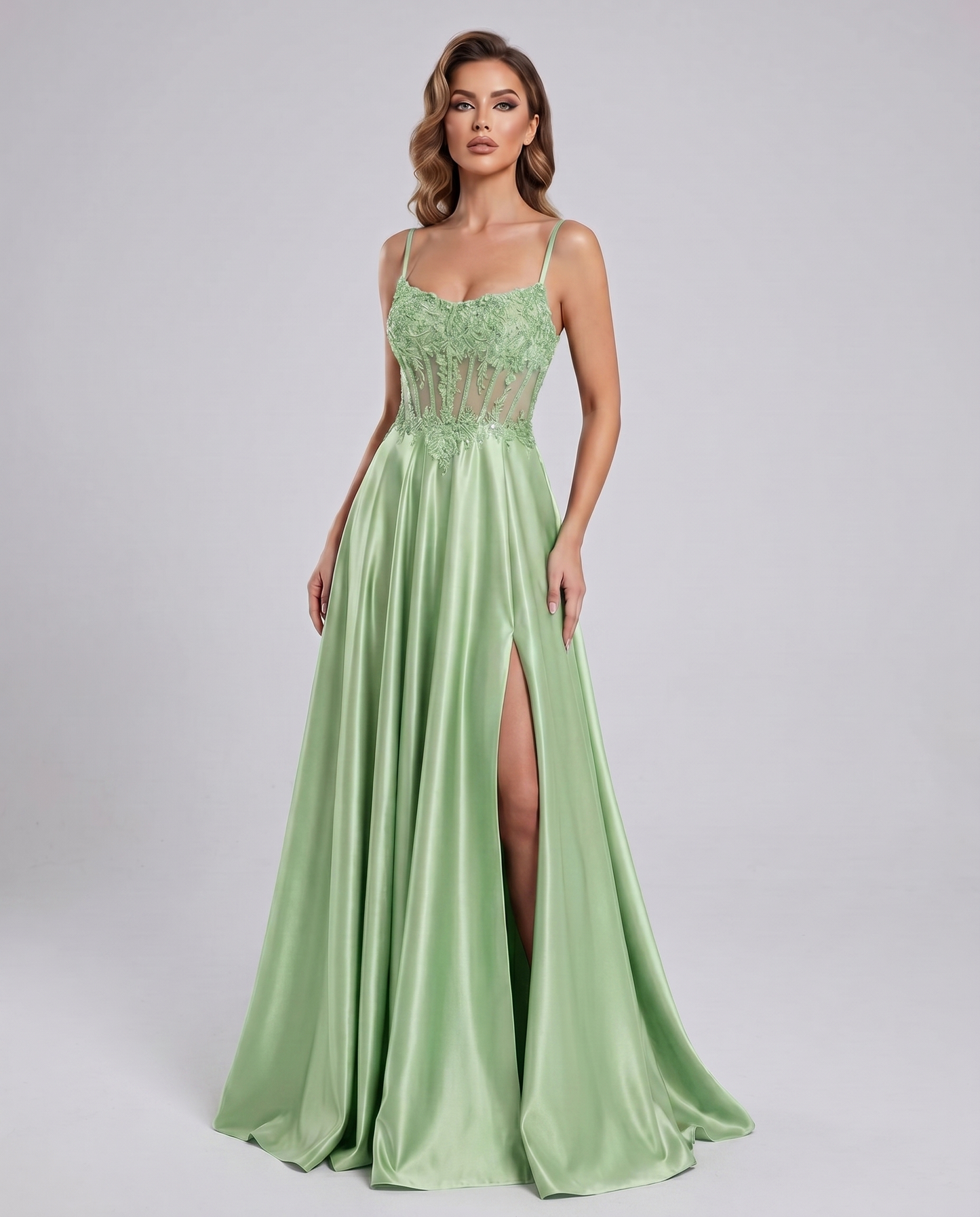 Satin Lace Applique Spaghetti Strap Sweetheart A-Line Maxi Dress for Party, Cocktail, Evening, Wedding Guest & Summer Events