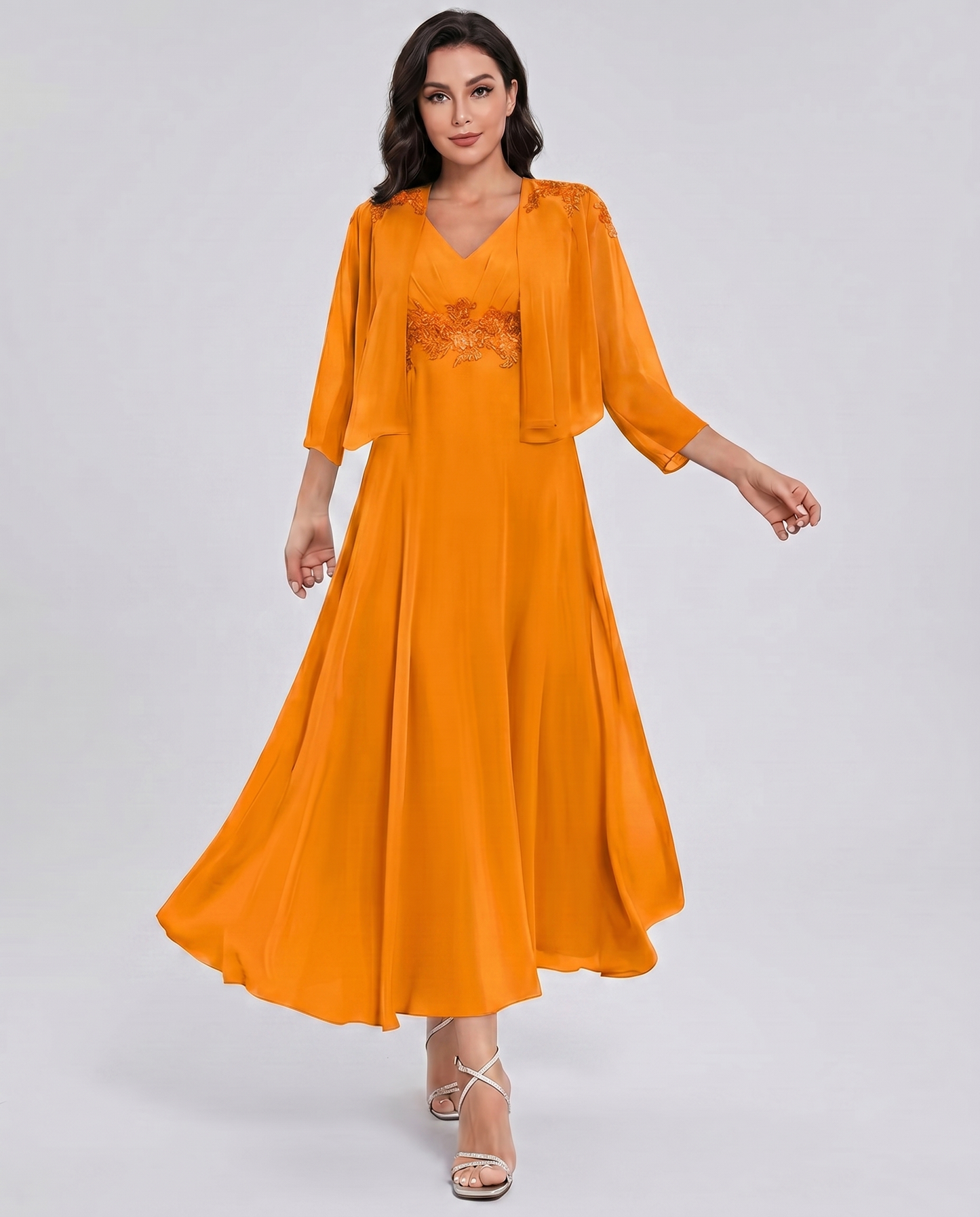 Chiffon Three-Quarter Sleeve V-Neck A-Line Midi Dress with Jacket for Party, Cocktail, Evening, Wedding Guest & Summer Events