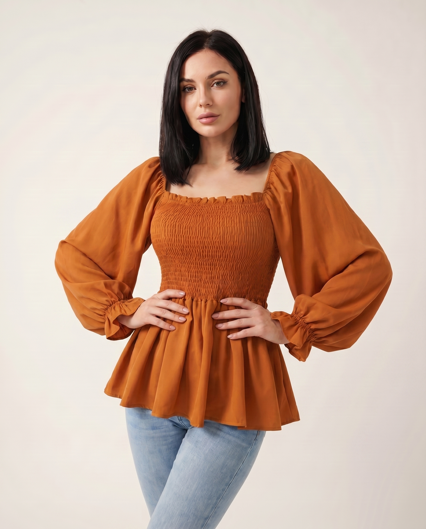Women's Chiffon Smocked Peplum Blouse with Long Sleeves, Square Neck and Ruffle Details for Work, Casual Wear & Evening Styli | SKU: VB-582741936-ORANGE-L,VB-582741936-ORANGE-M,VB-582741936-ORANGE-S,VB-582741936-ORANGE-XL,VB-582741936-ORANGE-XS