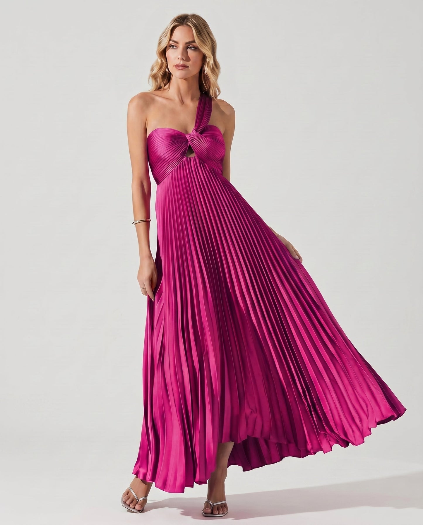 Satin Sleeveless One-Shoulder A-Line Maxi Dress for Party, Cocktail, Evening, Wedding Guest, Bridesmaid & Summer Events in Fu