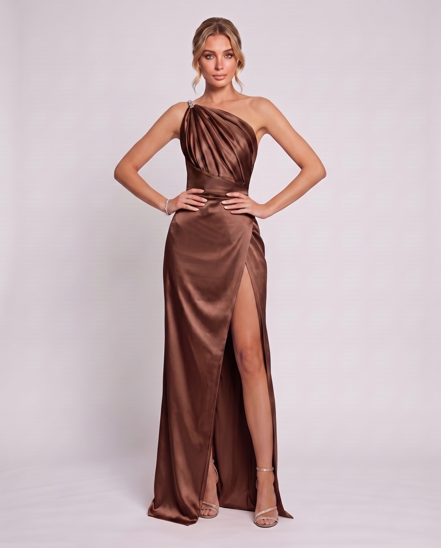 Satin Sleeveless One Shoulder Mermaid Maxi Dress with Side Slit for Party, Cocktail, Evening, Wedding Guest & Summer Events, | SKU: VMD-741926583104857-BROWN-L,VMD-741926583104857-BROWN-M,VMD-741926583104857-BROWN-S,VMD-741926583104857-BROWN-XL,VMD-741926583104857-BROWN-XS
