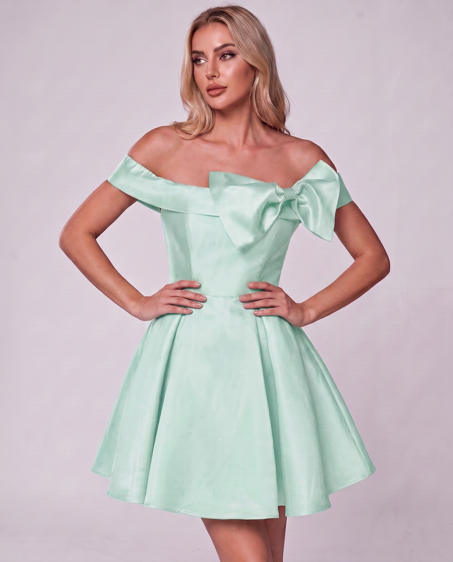 Satin Off-Shoulder Bow A-Line Mini Dress for Party, Cocktail, Evening, Summer, Wedding Guest Events Elegant Short Formal Styl | SKU: CMD-482915736104829-MINT-L,CMD-482915736104829-MINT-M,CMD-482915736104829-MINT-S,CMD-482915736104829-MINT-XL,CMD-482915736104829-MINT-XS