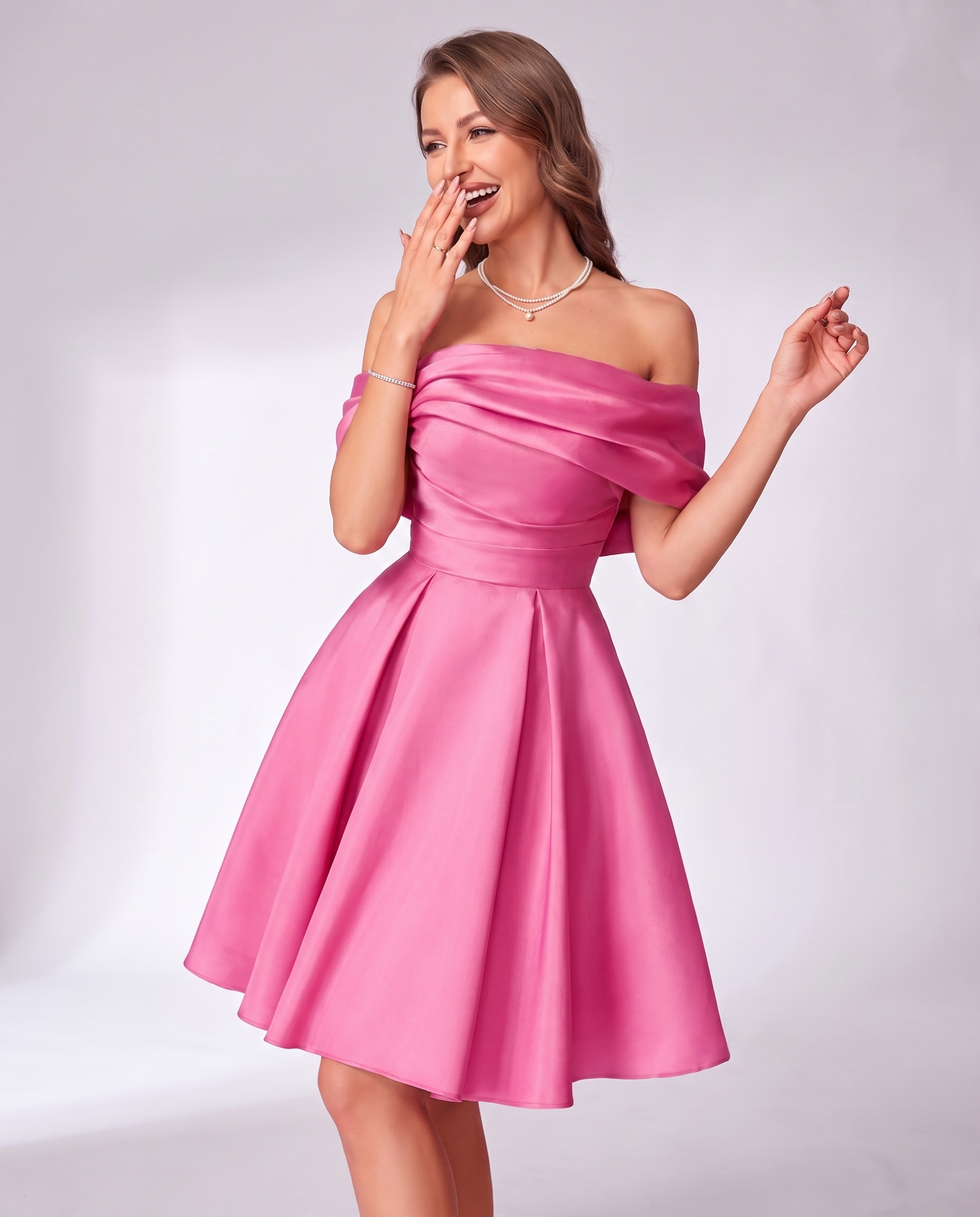 Satin Off-Shoulder Ruched A-Line Mini Dress for Party Cocktail Evening Summer Wedding Guest Homecoming Graduation Elegant Sho | SKU: MD-731845902614587-HOTPINK-L,MD-731845902614587-HOTPINK-M,MD-731845902614587-HOTPINK-S,MD-731845902614587-HOTPINK-XL,MD-731845902614587-HOTPINK-XS