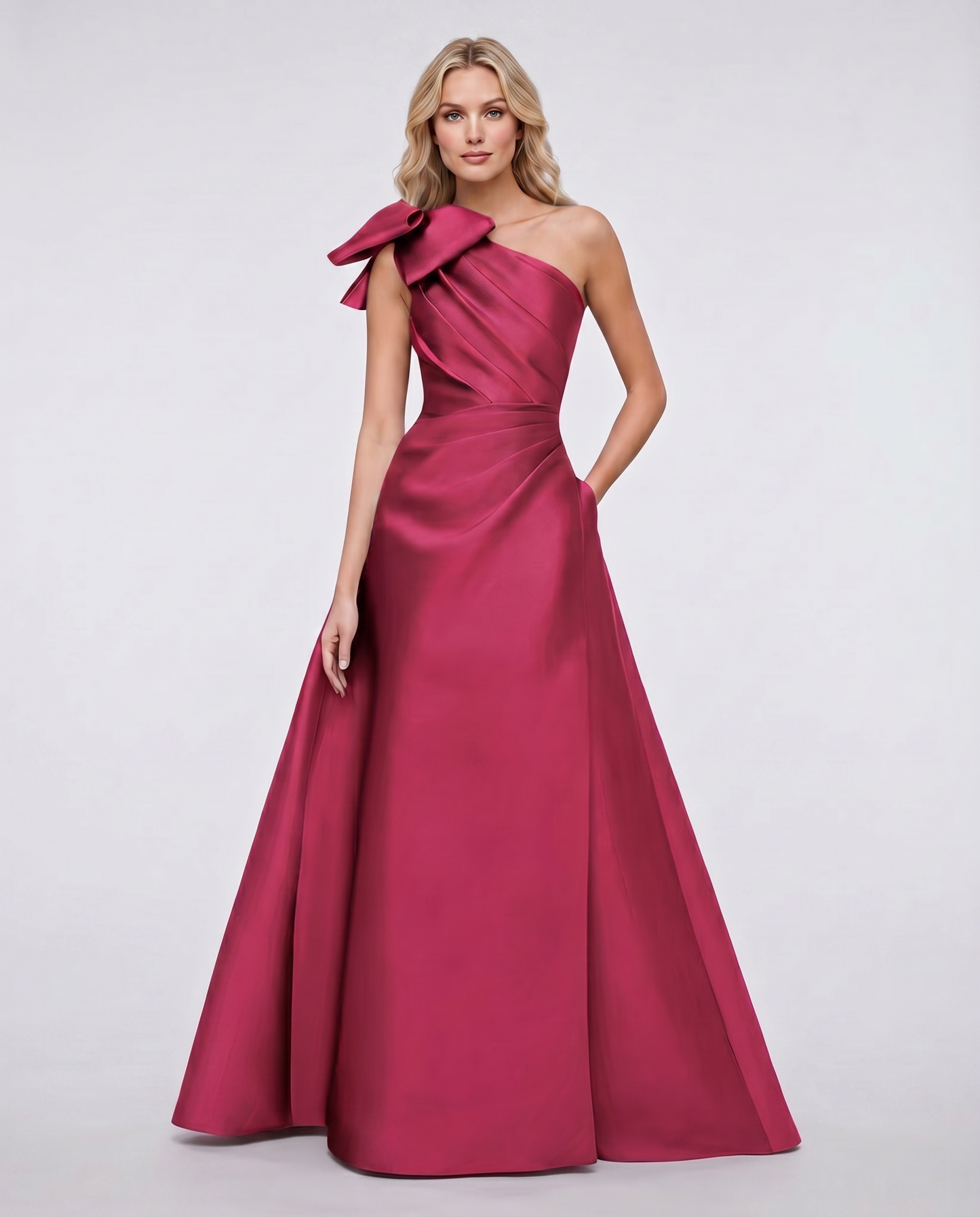 Satin Sleeveless One-Shoulder A-Line Maxi Dress with Bow for Party, Cocktail, Evening, Wedding Guest, Prom & Summer Events in