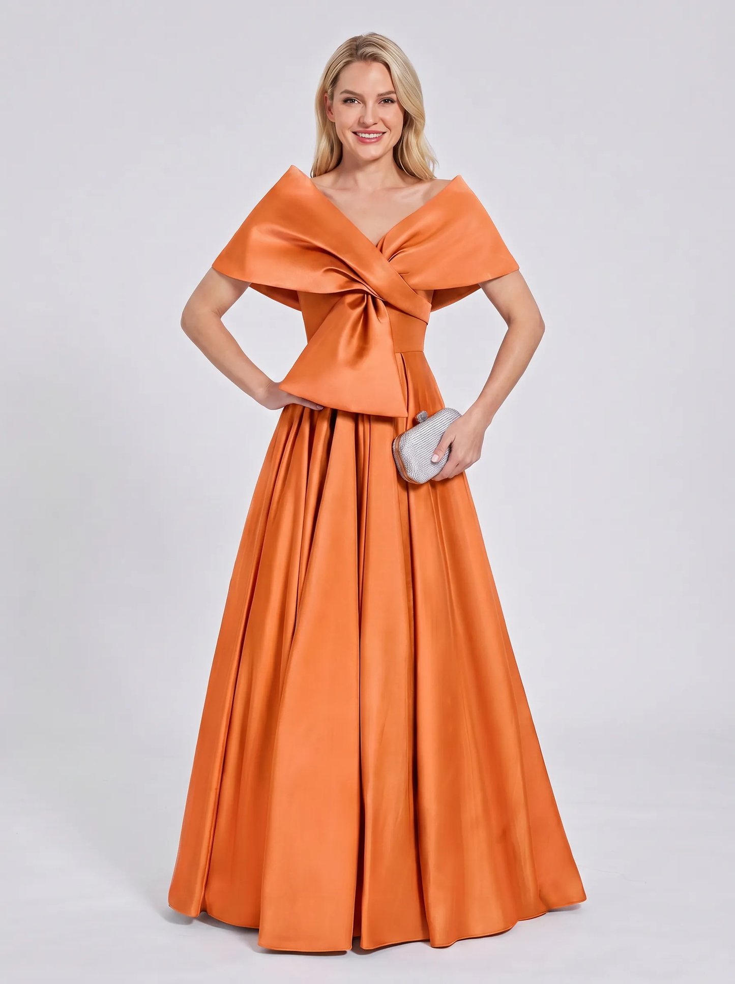 Satin Short Sleeve Off-Shoulder A-Line Maxi Dress for Party, Cocktail, Evening, Wedding Guest, Summer Formal Events, front vi | SKU: VMD-582914763018451-ORANGE-L,VMD-582914763018451-ORANGE-M,VMD-582914763018451-ORANGE-S,VMD-582914763018451-ORANGE-XL,VMD-582914763018451-ORANGE-XS