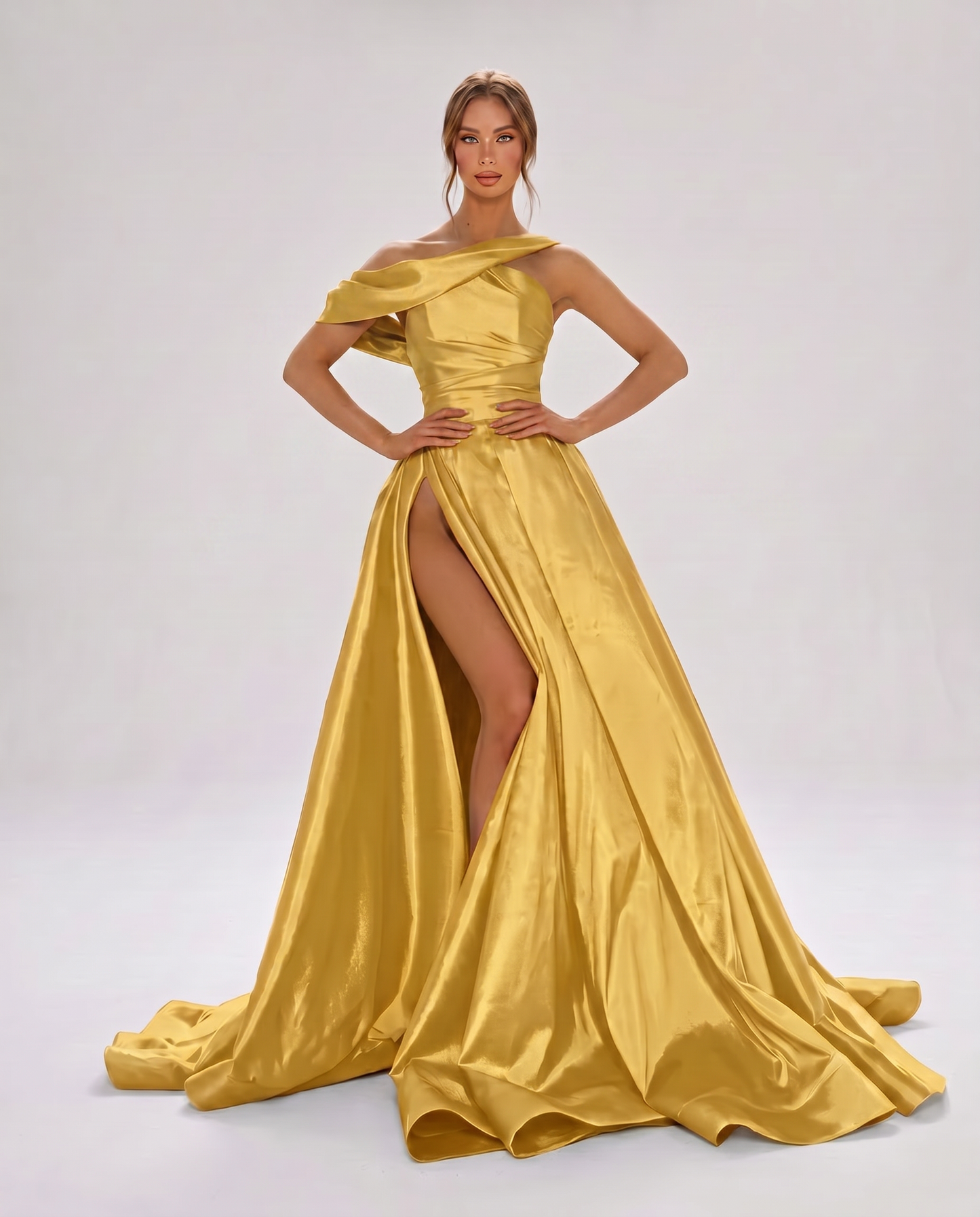 Polyester Satin Sleeveless One-Shoulder A-Line Maxi Dress for Party, Cocktail, Evening, Wedding Guest, Formal Summer Events, | SKU: AM-483920517684391-YELLOW-L,AM-483920517684391-YELLOW-M,AM-483920517684391-YELLOW-S,AM-483920517684391-YELLOW-XL,AM-483920517684391-YELLOW-XS