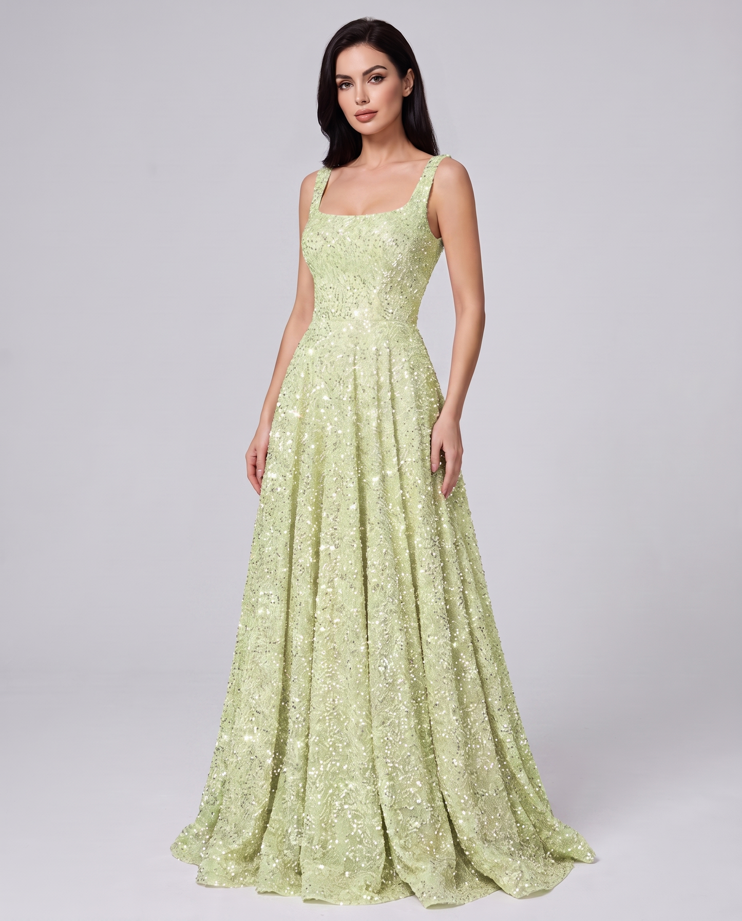 Sequin spaghetti strap square neck A-line floor length maxi dress for party, cocktail, evening, wedding guest, summer formal