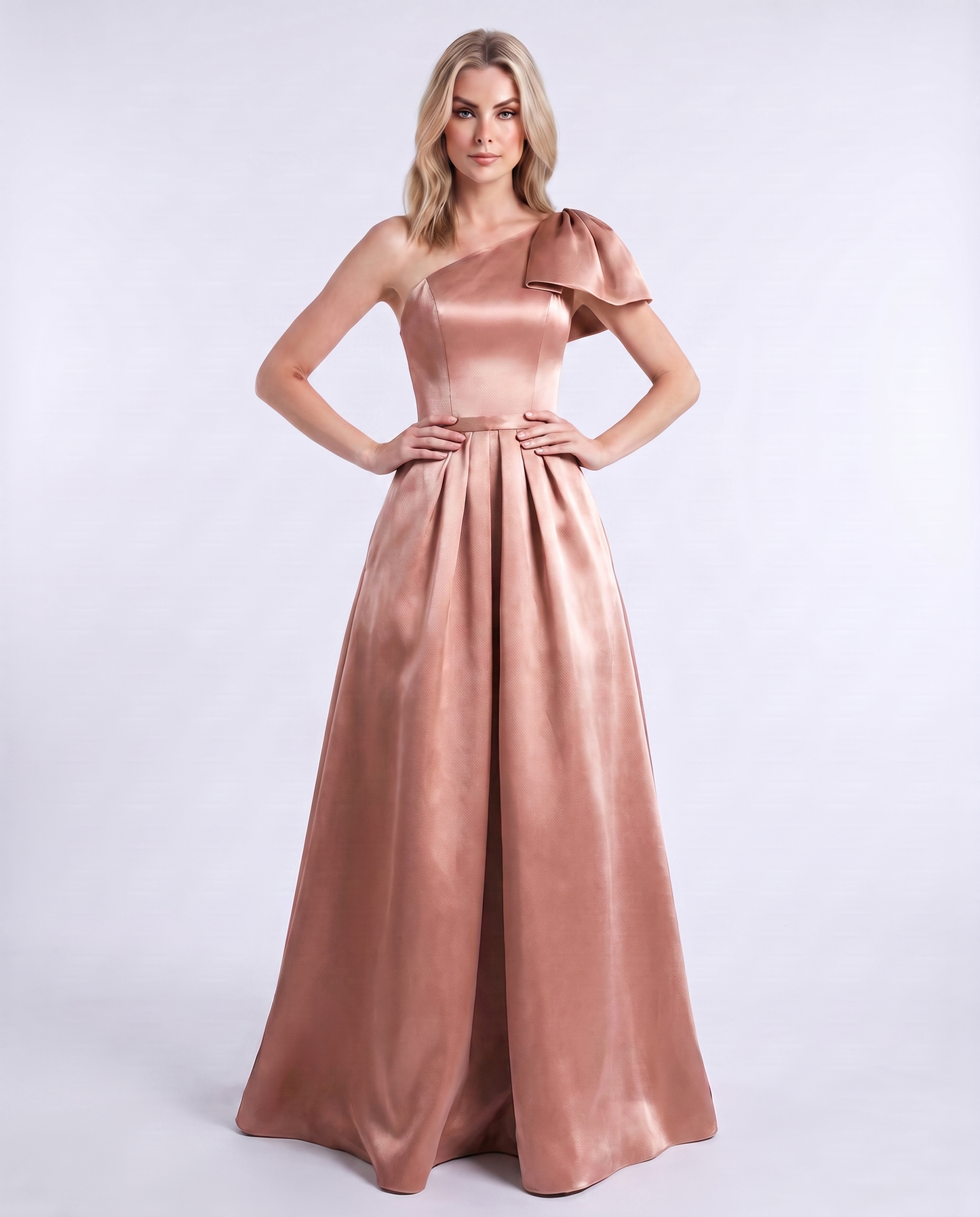 Satin Sleeveless One-Shoulder A-Line Maxi Dress for Party, Cocktail, Evening, Wedding Guest, Summer Formal Occasions, front v | SKU: AMD-483920174615802-ROSEGOLD-L,AMD-483920174615802-ROSEGOLD-M,AMD-483920174615802-ROSEGOLD-S,AMD-483920174615802-ROSEGOLD-XL,AMD-483920174615802-ROSEGOLD-XS
