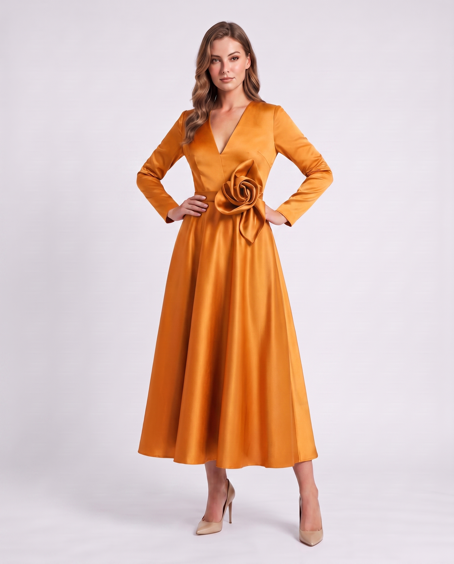 Satin Long Sleeve V-Neck A-Line Midi Dress with Floral Waist Detail for Party, Cocktail, Evening, Wedding Guest & Summer Even | SKU: RMD-483920174615802-ORANGE-L,RMD-483920174615802-ORANGE-M,RMD-483920174615802-ORANGE-S,RMD-483920174615802-ORANGE-XL,RMD-483920174615802-ORANGE-XS