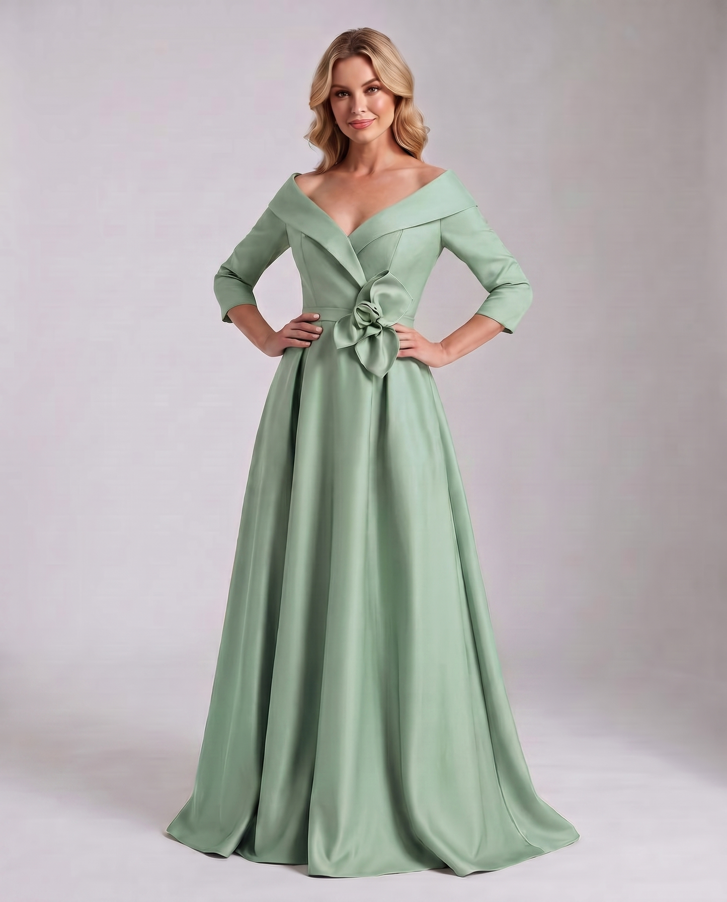 Roselle Maxi Dress100% Polyester Satin Three-Quarter Sleeve Off-the-Shoulder A-Line Maxi Dress for Party, Cocktail, Evening, | SKU: RM-483920174651082-MINT-L,RM-483920174651082-MINT-M,RM-483920174651082-MINT-S,RM-483920174651082-MINT-XL,RM-483920174651082-MINT-XS