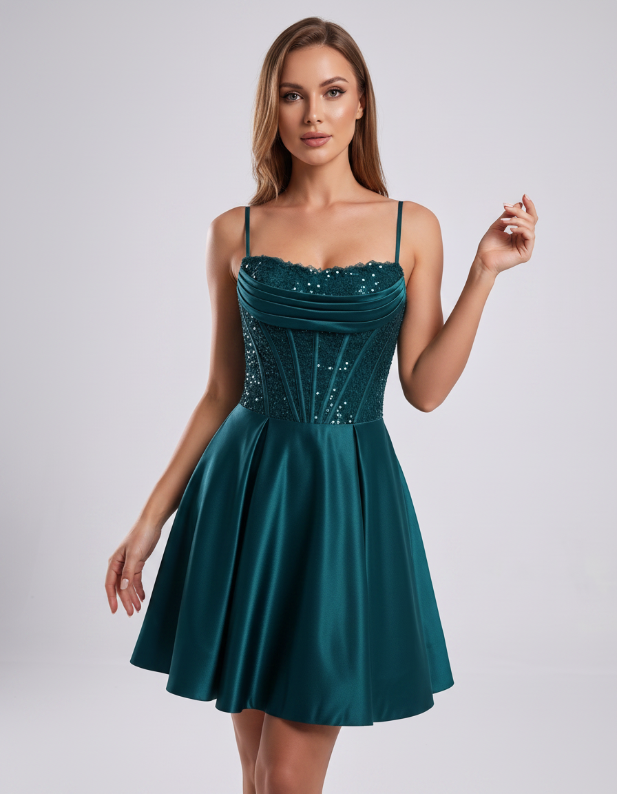 Aqua Satin Sequin Spaghetti Strap Draped Cowl Neck A-Line Mini Dress | Ramblion | SKU: LM-482731605194873-AQUA-L,LM-482731605194873-AQUA-M,LM-482731605194873-AQUA-S,LM-482731605194873-AQUA-XL,LM-482731605194873-AQUA-XS