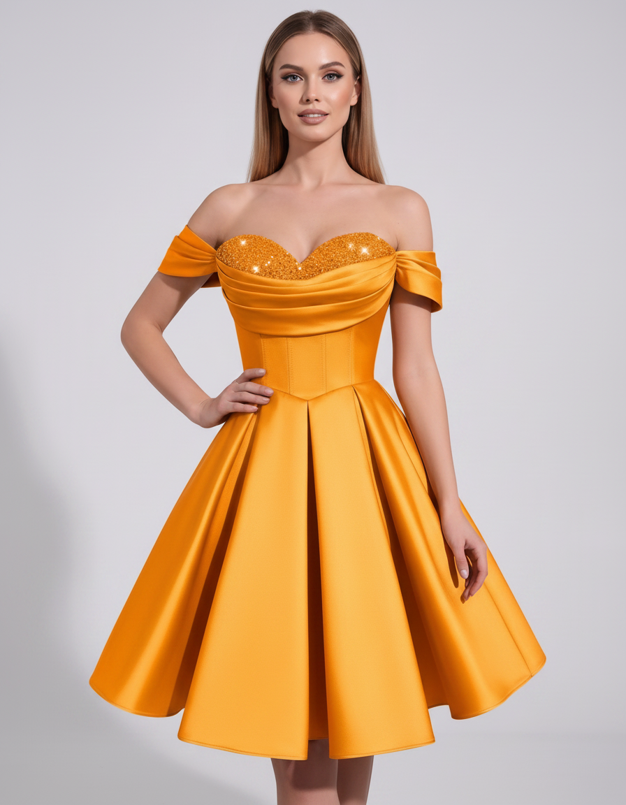 Orange Satin Off-Shoulder Sweetheart A-Line Mini Dress with Lace-Up Corset Back | Ramblion | SKU: CMD-483920174615802-ORANGE-L,CMD-483920174615802-ORANGE-M,CMD-483920174615802-ORANGE-S,CMD-483920174615802-ORANGE-XL,CMD-483920174615802-ORANGE-XS