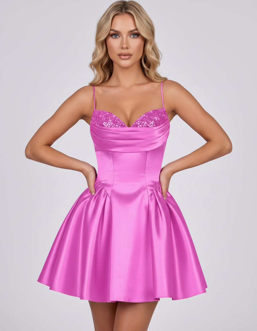 Lilac Satin Spaghetti Strap Draped Sweetheart Corset A-Line Mini Dress | Ramblion | SKU: LMD-483920175641358-LILAC-L,LMD-483920175641358-LILAC-M,LMD-483920175641358-LILAC-S,LMD-483920175641358-LILAC-XL,LMD-483920175641358-LILAC-XS