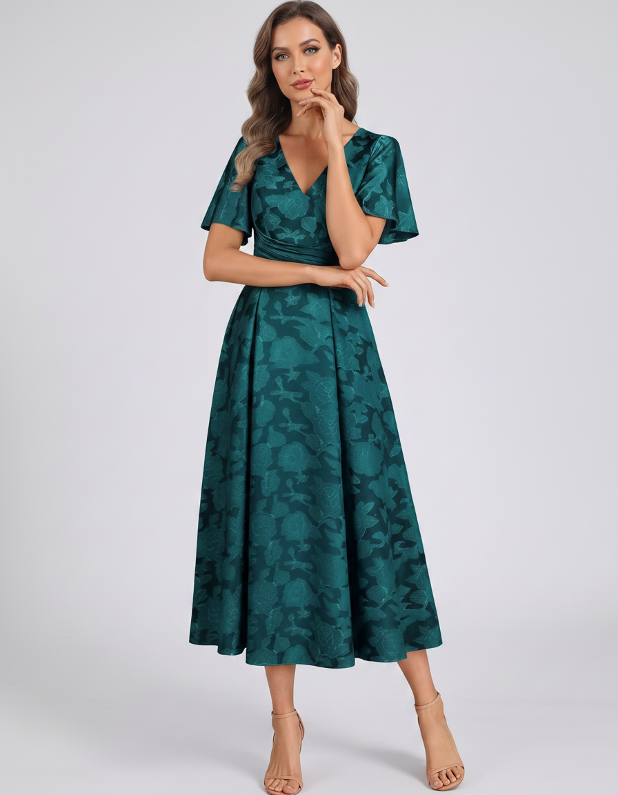 Aqua Floral Jacquard Flutter Sleeve V-Neck A-Line Midi Dress | Ramblion | SKU: VM-482736591204857-AQUA-L,VM-482736591204857-AQUA-M,VM-482736591204857-AQUA-S,VM-482736591204857-AQUA-XL,VM-482736591204857-AQUA-XS