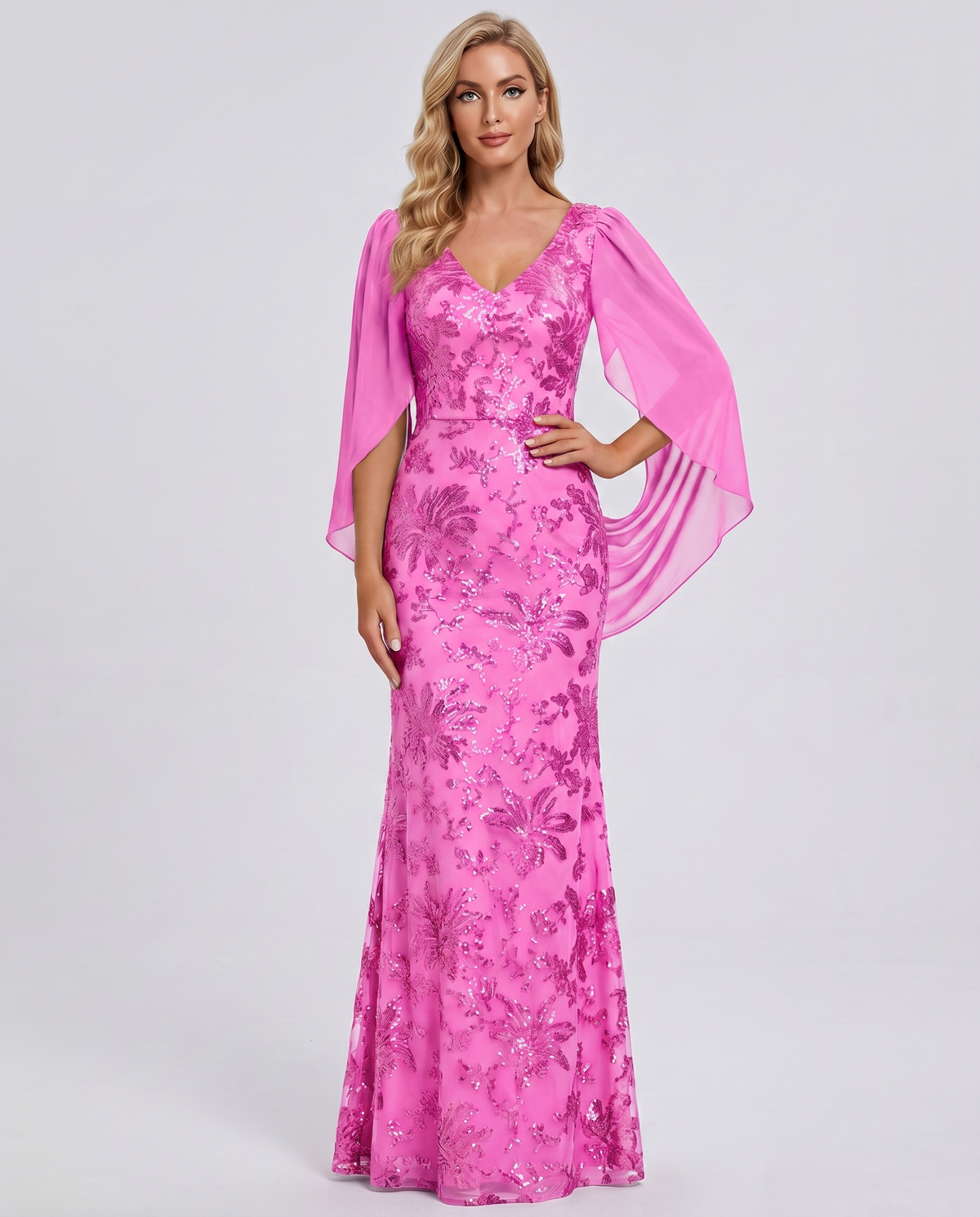Lilac Sequin Mesh Cape Sleeve V-Neck Mermaid Maxi Dress | Ramblion