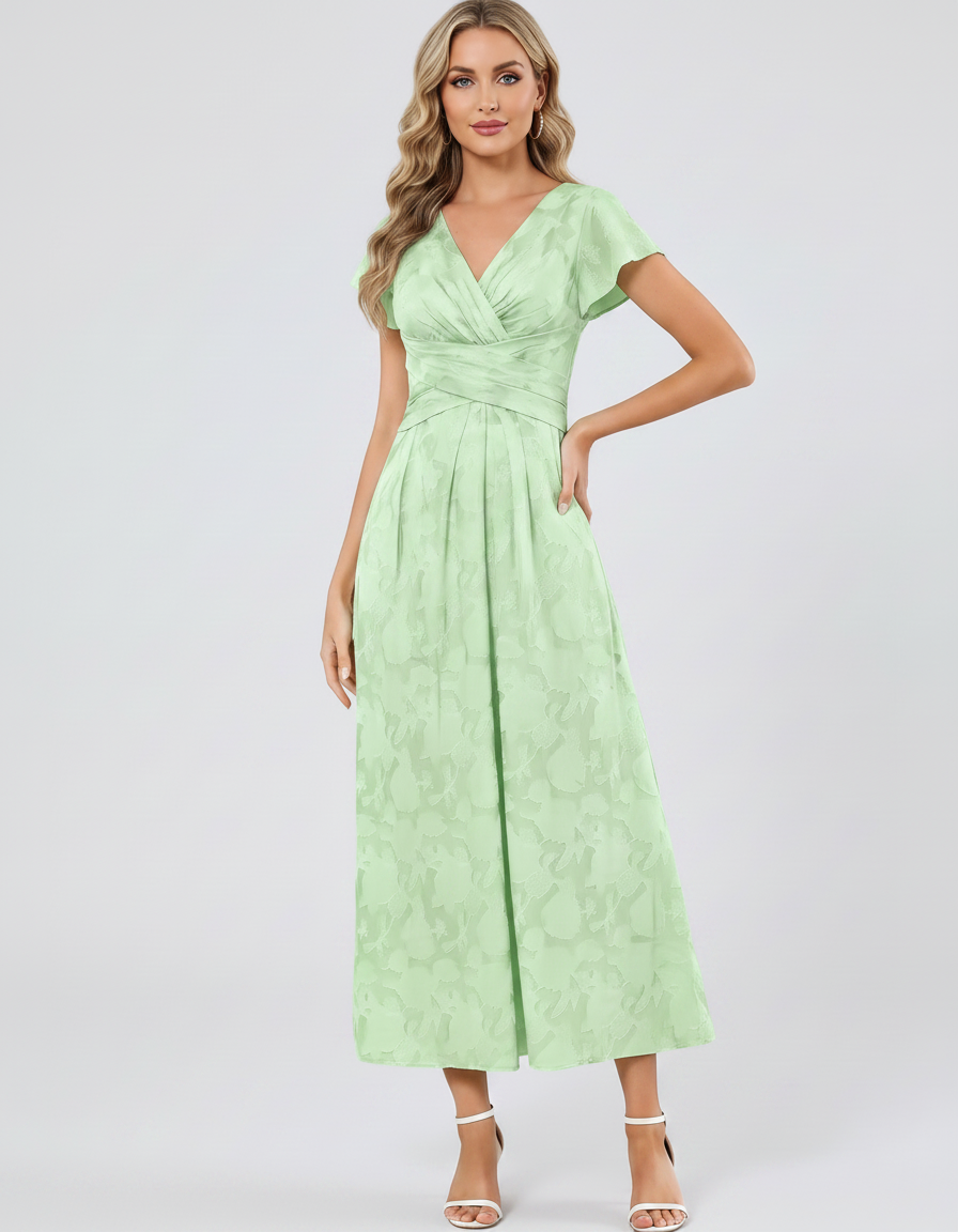 Mint Floral Jacquard Chiffon Short Flutter Sleeve V-Neck A-Line Midi Dress | Ramblion | SKU: LM-583741962851407-MINT-L,LM-583741962851407-MINT-M,LM-583741962851407-MINT-S,LM-583741962851407-MINT-XL,LM-583741962851407-MINT-XS