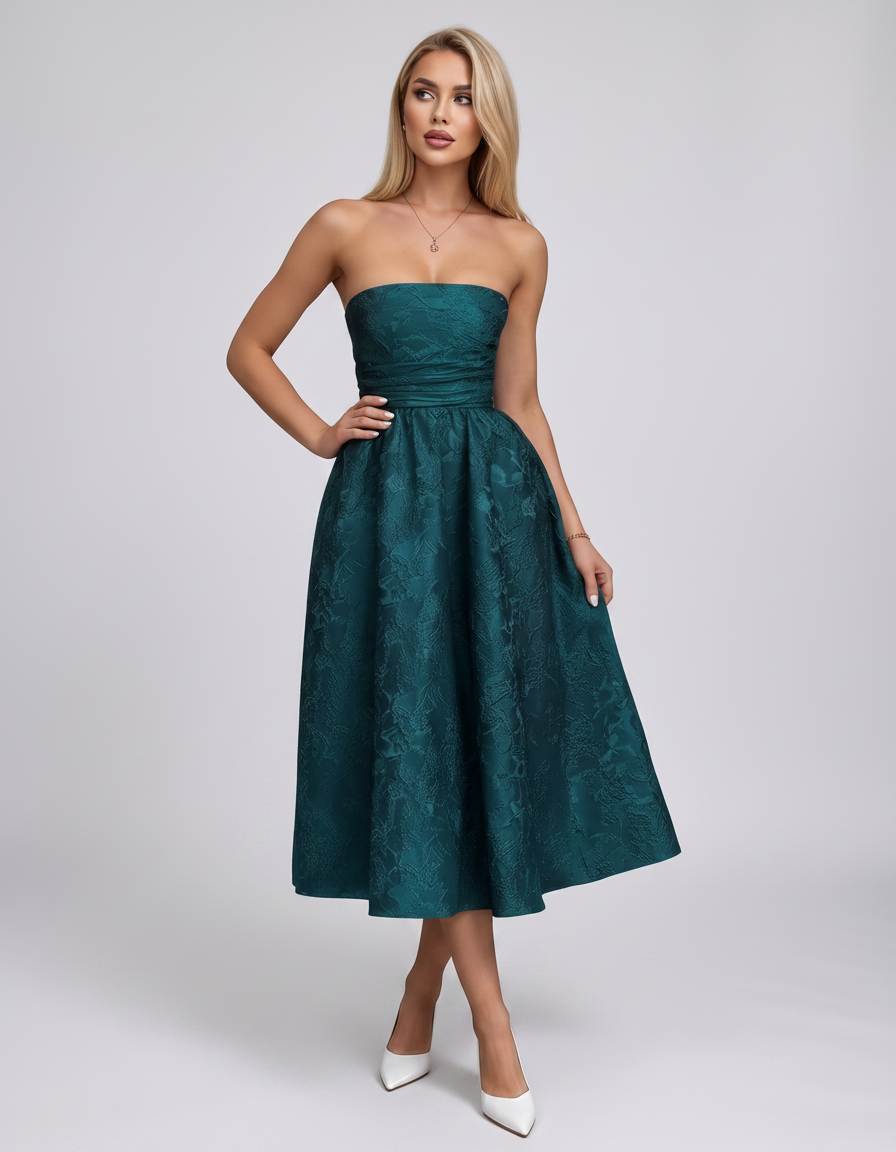 Aqua Floral Jacquard Satin Strapless Straight Neck A-Line Midi Dress | Ramblion | SKU: LM-842615903714682-AQUA-L,LM-842615903714682-AQUA-M,LM-842615903714682-AQUA-S,LM-842615903714682-AQUA-XL,LM-842615903714682-AQUA-XS