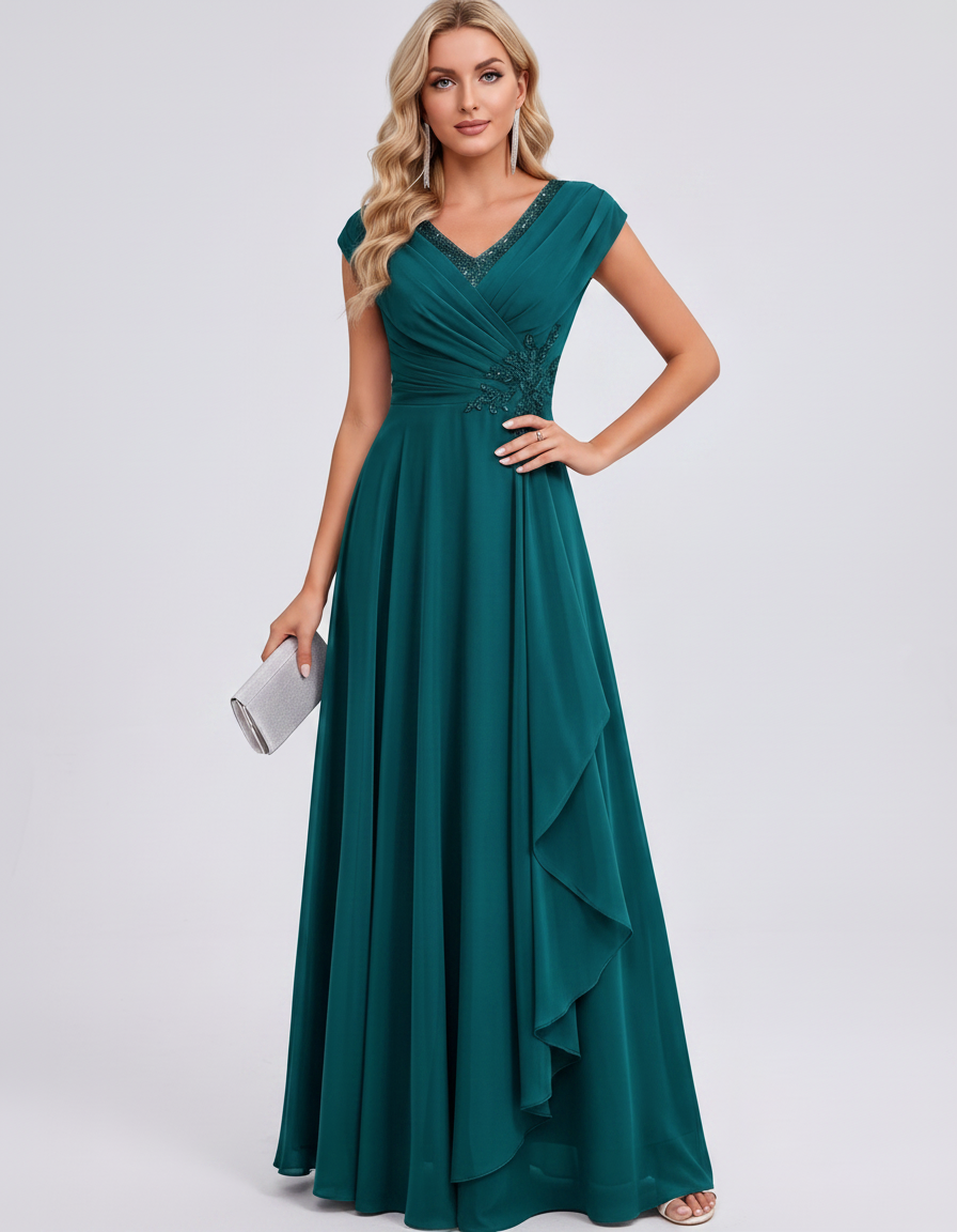 Peacock Chiffon Cap Sleeve V-Neck A-Line Maxi Dress with Beaded Detail | Ramblion | SKU: EMD-748293615027184-PEACOCK-L,EMD-748293615027184-PEACOCK-M,EMD-748293615027184-PEACOCK-S,EMD-748293615027184-PEACOCK-XL,EMD-748293615027184-PEACOCK-XS