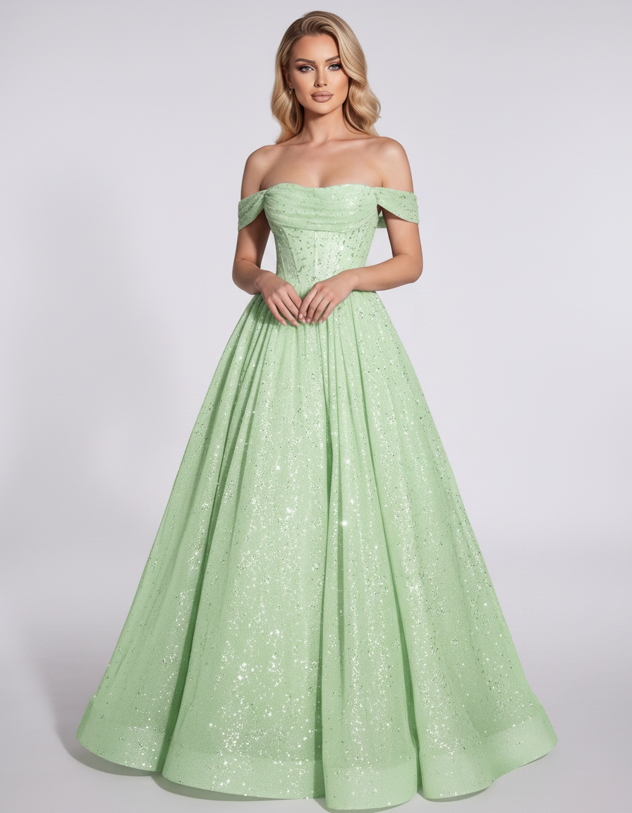 Mint Glitter Tulle Off-Shoulder Corset Ball Gown Maxi Dress | Ramblion | SKU: VMD-583194726408315-MINT-L,VMD-583194726408315-MINT-M,VMD-583194726408315-MINT-S,VMD-583194726408315-MINT-XL,VMD-583194726408315-MINT-XS