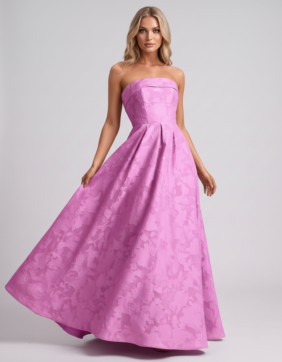 Fuchsia Floral Jacquard Strapless Straight Neck A-Line Maxi Dress | Ramblion | SKU: VM-583104726941852-FUCHSIA-L,VM-583104726941852-FUCHSIA-M,VM-583104726941852-FUCHSIA-S,VM-583104726941852-FUCHSIA-XL,VM-583104726941852-FUCHSIA-XS