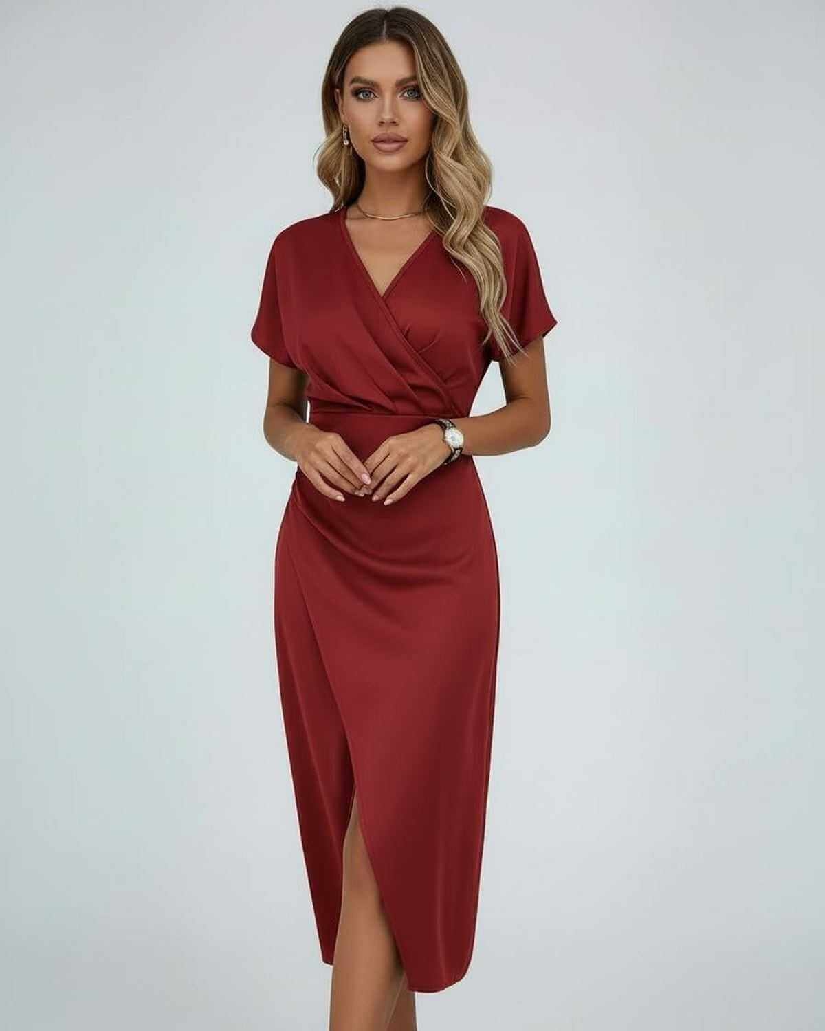 Red Satin Wrap V-Neck Short Sleeve Midi Dress | Gala Nights, Cocktail Parties & Wedding Season, front view | Ramblion | SKU: OMD-759320481-red-L-2089,OMD-759320481-red-M-8224,OMD-759320481-red-S-4356,OMD-759320481-red-XL-4911,OMD-759320481-red-XS-6054