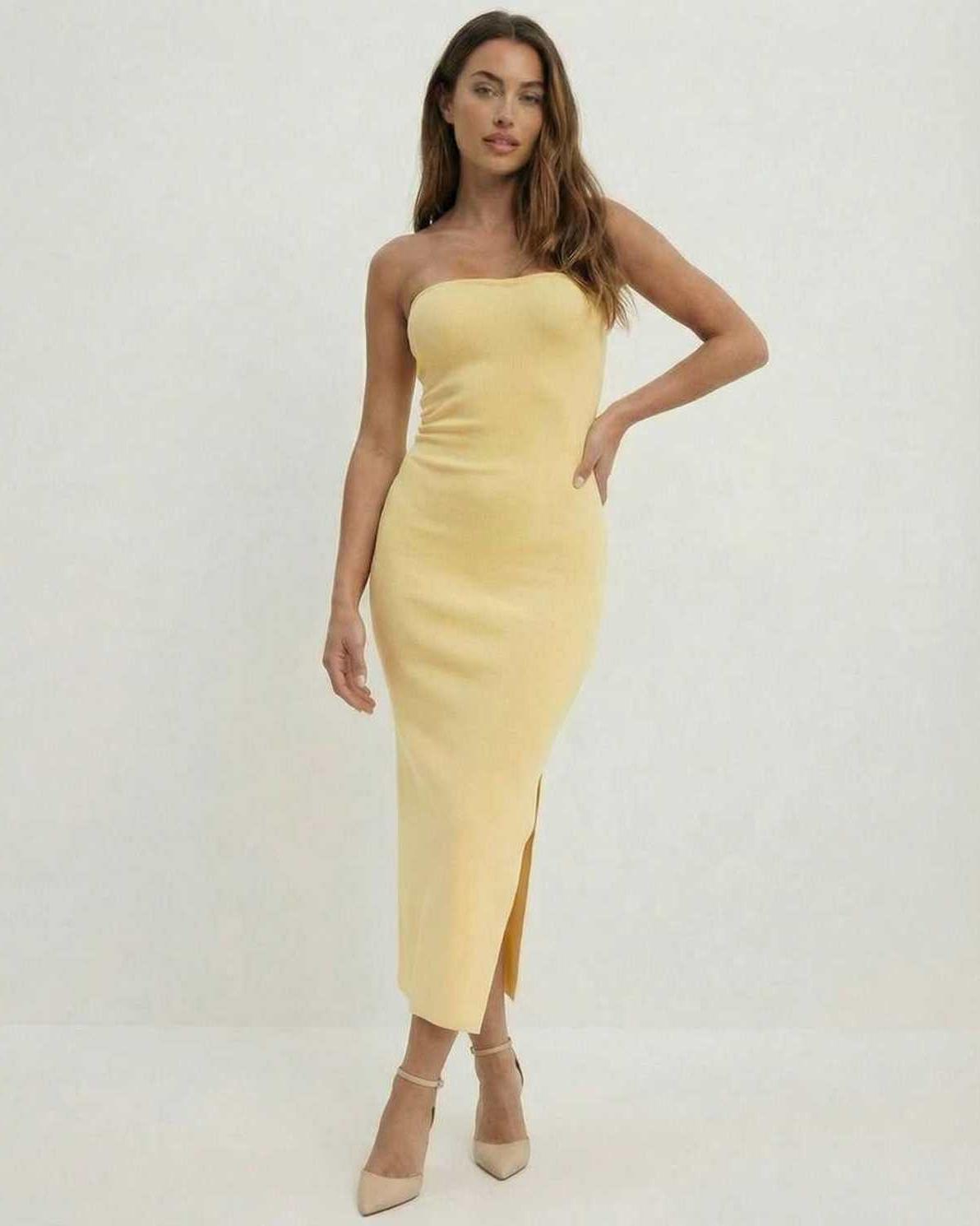 Vibrant yellow Hive Midi Dress, strapless, cotton blend, perfect for spring occasions, by RAMBLION.