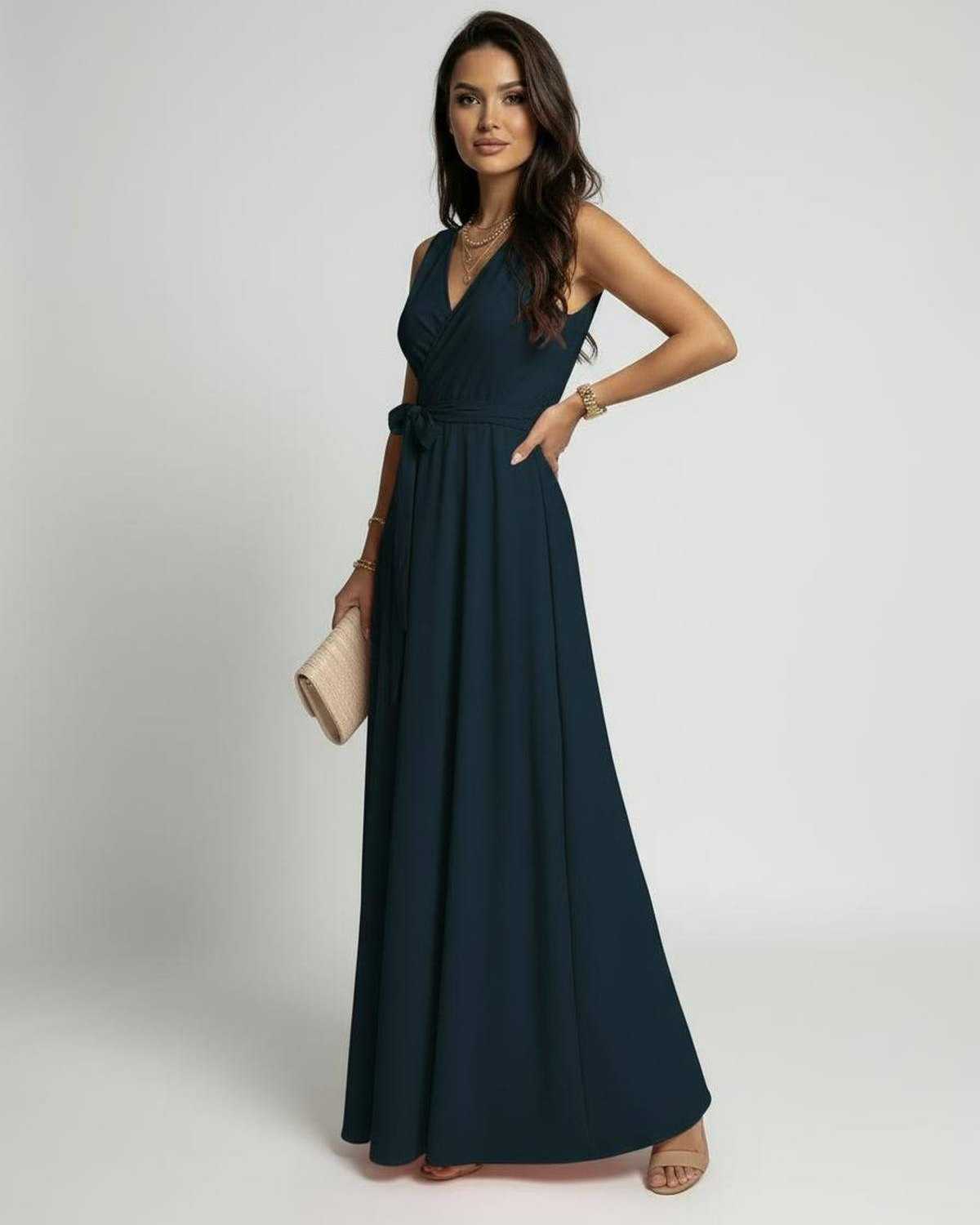 Navy Satin Wrap V-Neck Sleeveless Maxi Dress | Black-Tie Events & Celebrations, side view | Ramblion | SKU: MMD-927183465-navy-L-4081,MMD-927183465-navy-M-1088,MMD-927183465-navy-S-6068,MMD-927183465-navy-XL-5019,MMD-927183465-navy-XS-6458
