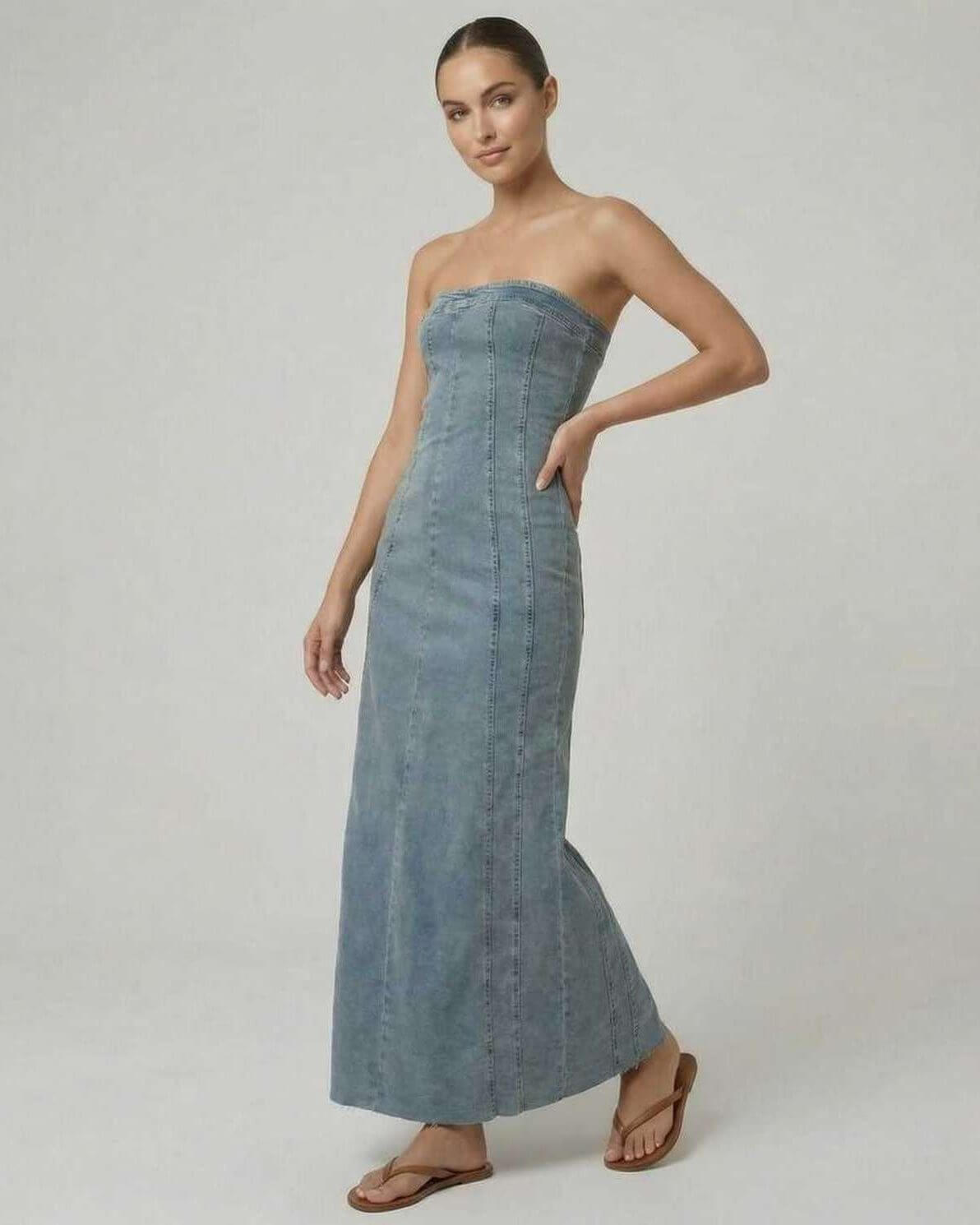 Isix Midi Dress by RAMBLION, strapless, blue, elegant fit, perfect for casual and formal occasions.