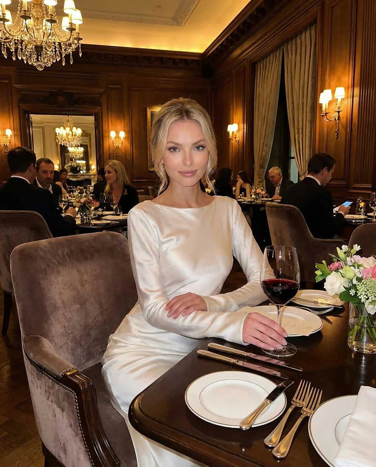 Ivory Satin Slip Round Neck Long Sleeve Maxi Dress | Evening Events & Cocktail Hour, lifestyle shot | Ramblion | SKU: SMD-728194305-ivory-L-9336,SMD-728194305-ivory-M-9929,SMD-728194305-ivory-S-1905,SMD-728194305-ivory-XL-6149,SMD-728194305-ivory-XS-8142