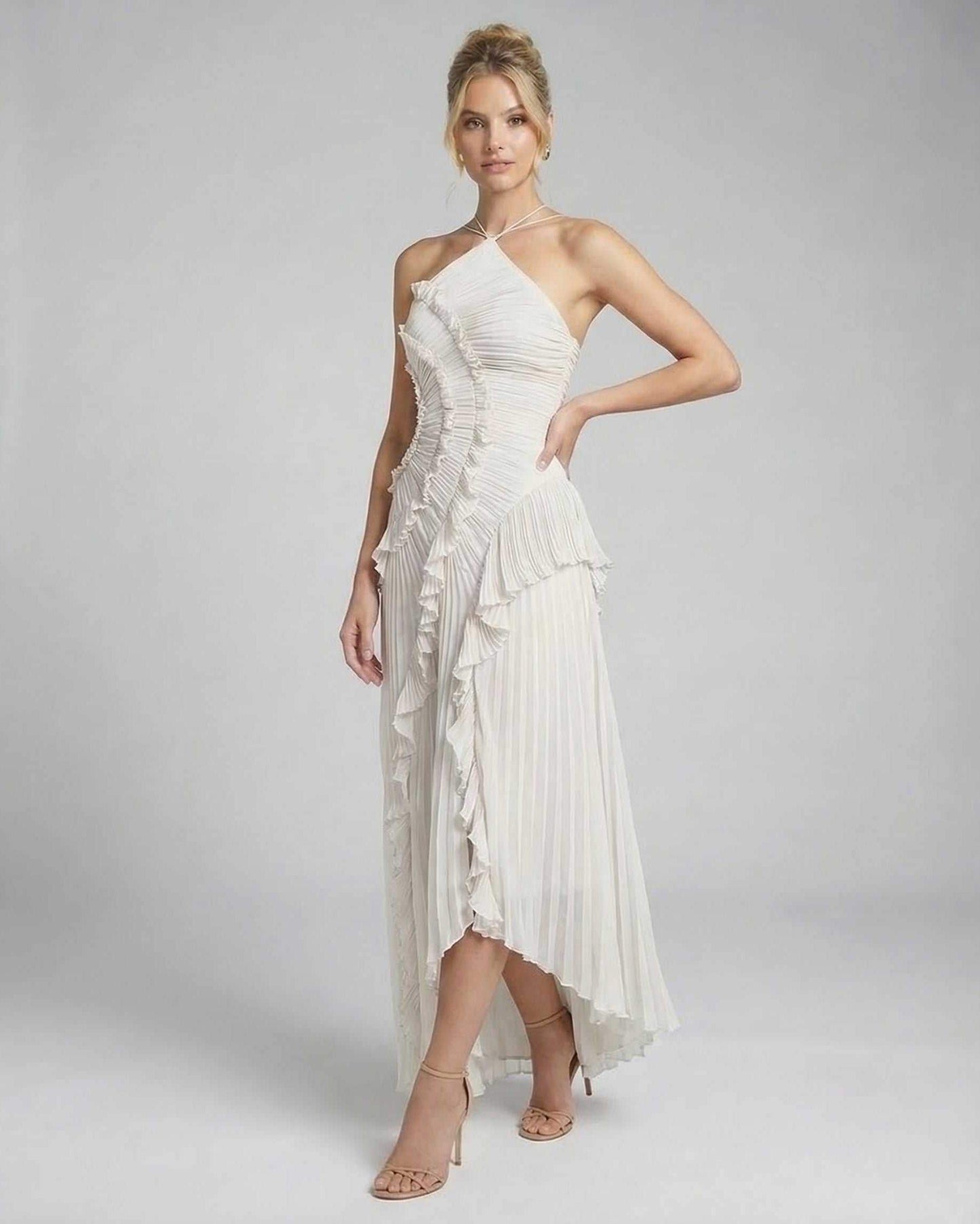 Ivory Satin Gown Halter Sleeveless Maxi Dress | Black-Tie Events, Party Nights, Weddings & Daily Wear, front view | Ramblion | SKU: SMX-472951863-ivory-L-7551,SMX-472951863-ivory-M-2837,SMX-472951863-ivory-S-1248,SMX-472951863-ivory-XL-2591,SMX-472951863-ivory-XS-8504