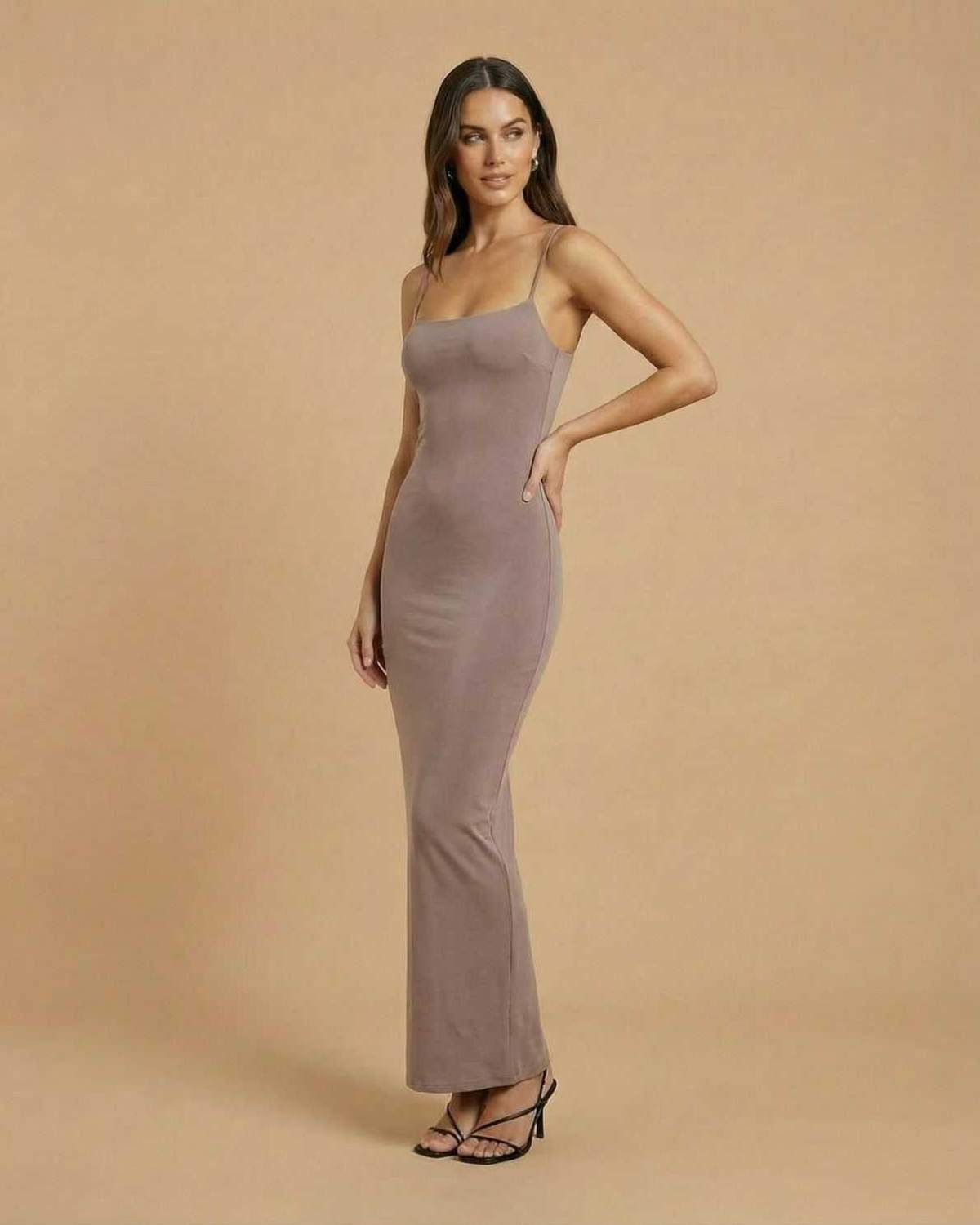 Beige Linen Slip Round Neck Sleeveless Maxi Dress | Evening Events & Evening Parties, side view | Ramblion | SKU: SMD-73926-taupe-L-8854,SMD-73926-taupe-M-7591,SMD-73926-taupe-S-626,SMD-73926-taupe-XL-373,SMD-73926-taupe-XS-2436