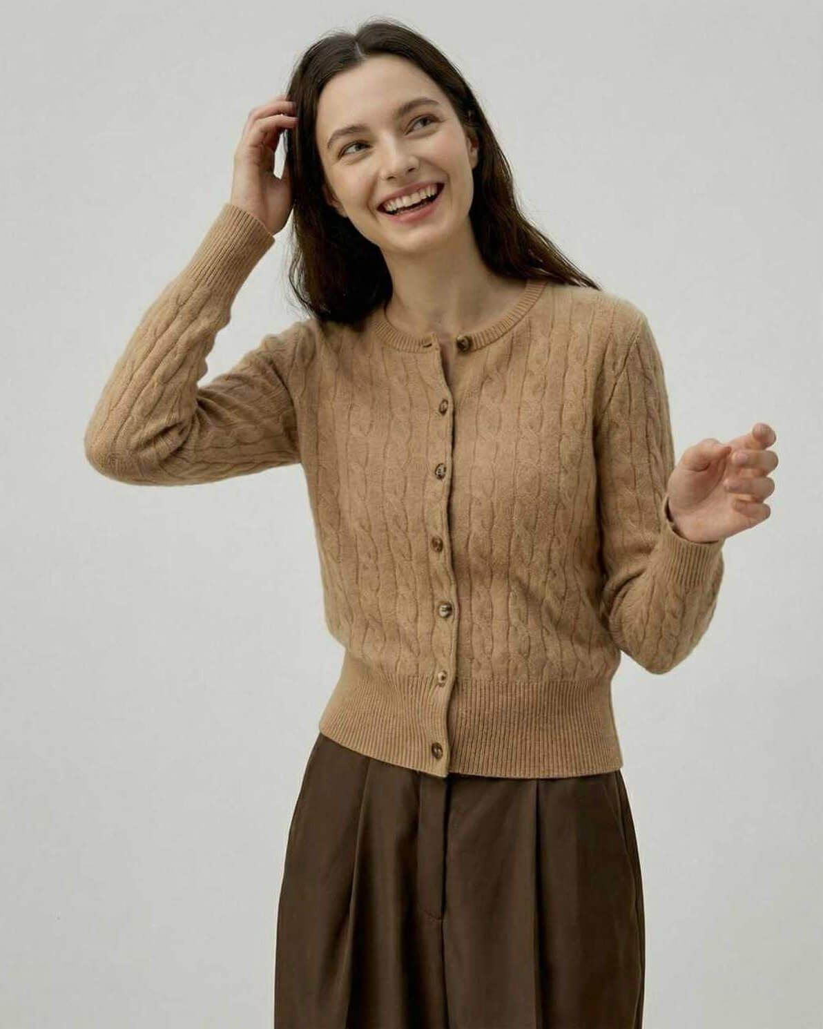 Jove Cardigan in brown, 100% cotton, cable knit design, perfect for office or weekend outings, by RAMBLION.