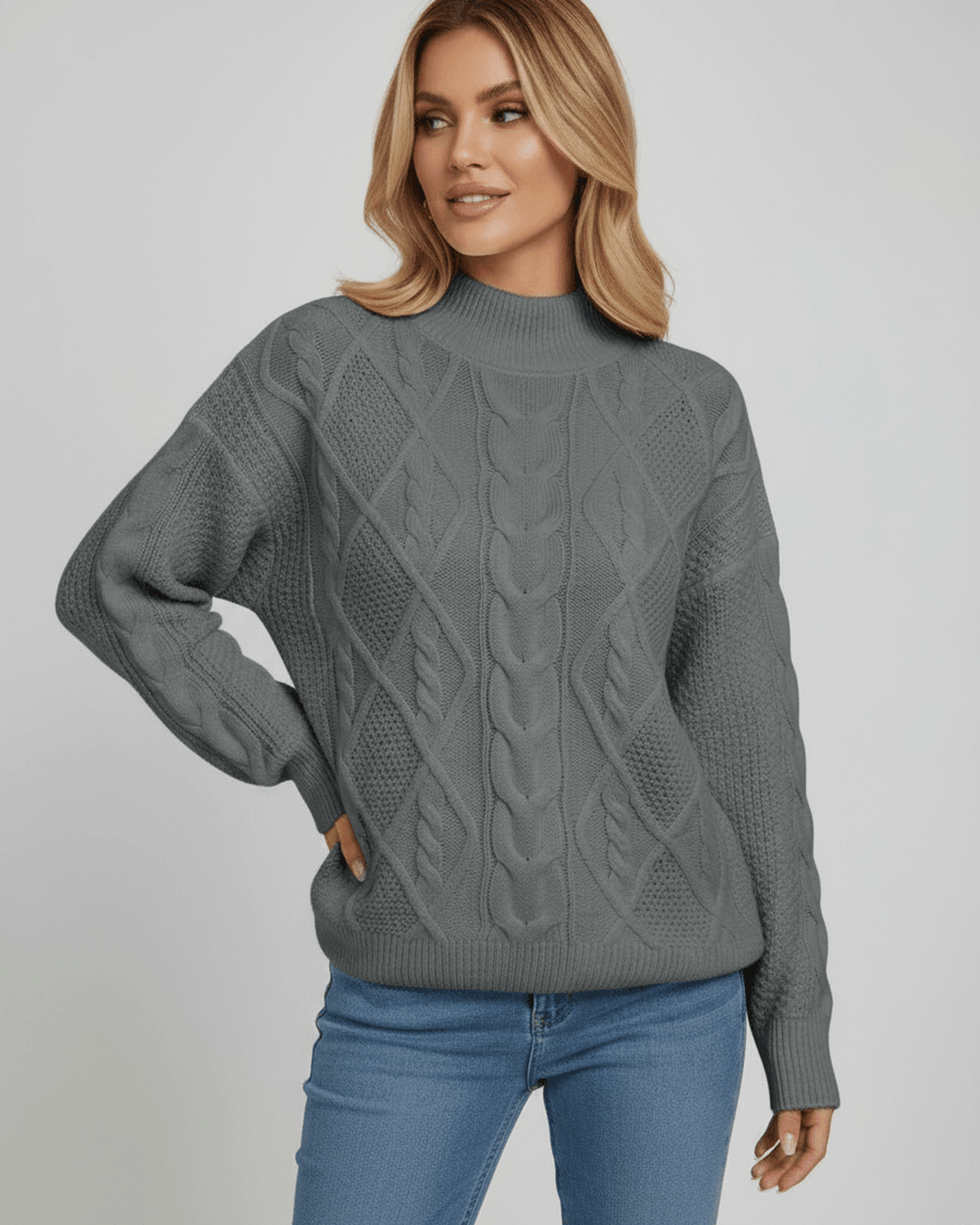 Kami Sweater by RAMBLION, gray oversized cable knit, perfect for cozy days, stylish comfort for any occasion.