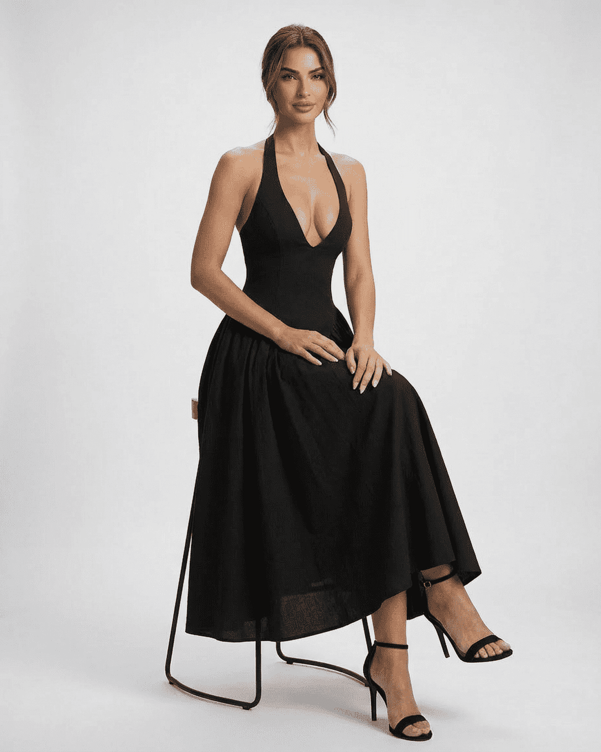 Black Bodycon V-Neck Sleeveless Midi Dress | Gala Nights, Evening Parties & Everyday Wear, front view | Ramblion | SKU: CMD-48371-black-L-6012,CMD-48371-black-M-4944,CMD-48371-black-S-737,CMD-48371-black-XL-5050,CMD-48371-black-XS-4581