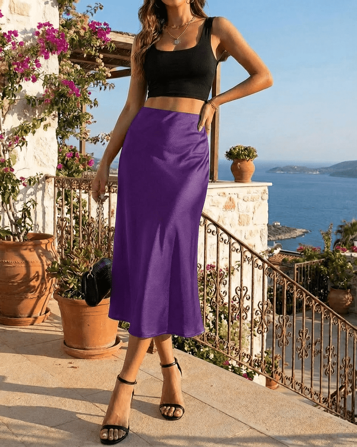 Purple Satin Midi Skirt, lifestyle shot | Ramblion | SKU: AMS-63984-purple-L-8624,AMS-63984-purple-M-5894,AMS-63984-purple-S-1939,AMS-63984-purple-XL-2101,AMS-63984-purple-XS-7143