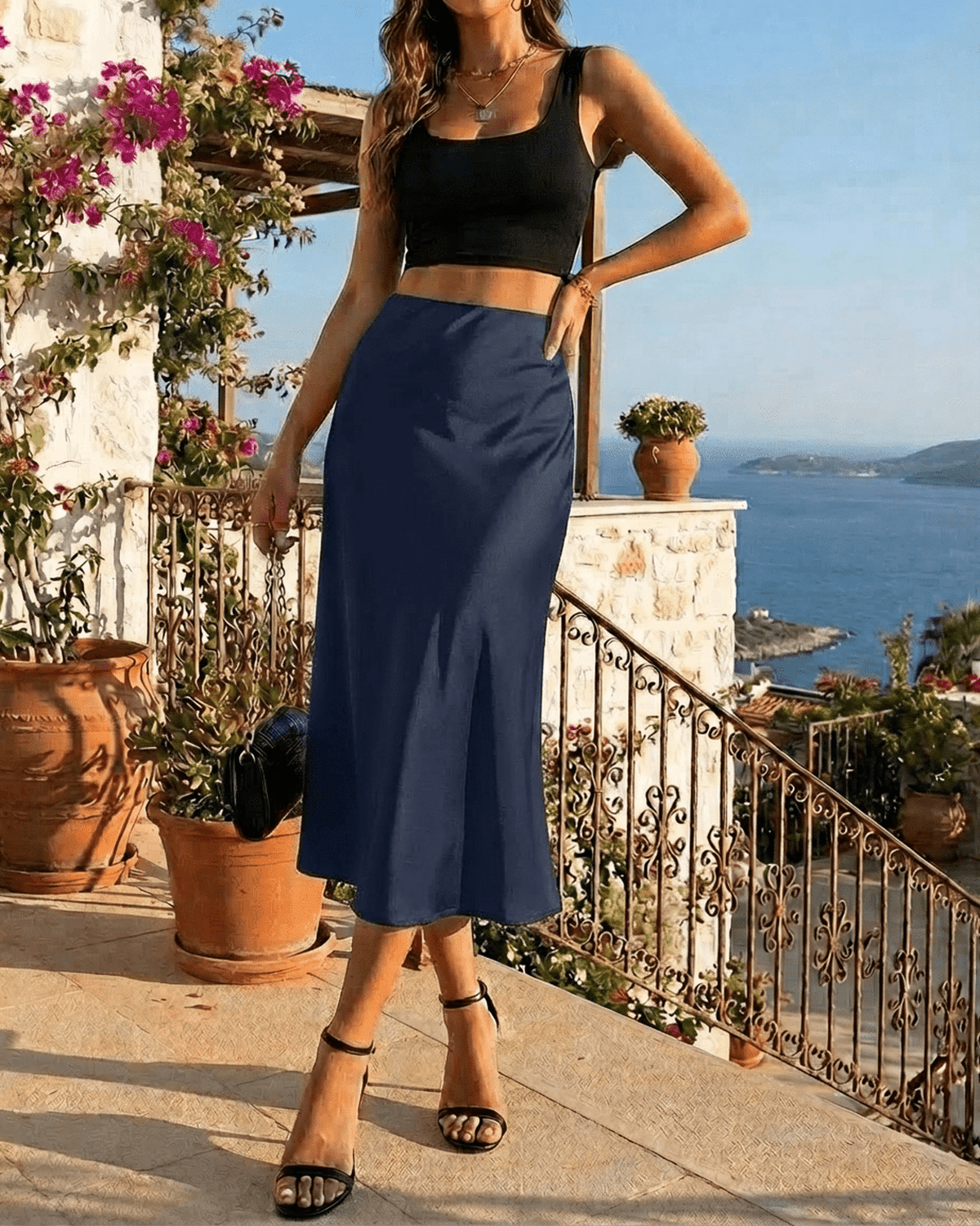 Navy Satin Midi Skirt, lifestyle shot | Ramblion | SKU: AMS-95241-navy-L-5089,AMS-95241-navy-M-5554,AMS-95241-navy-S-5382,AMS-95241-navy-XL-8746,AMS-95241-navy-XS-8701