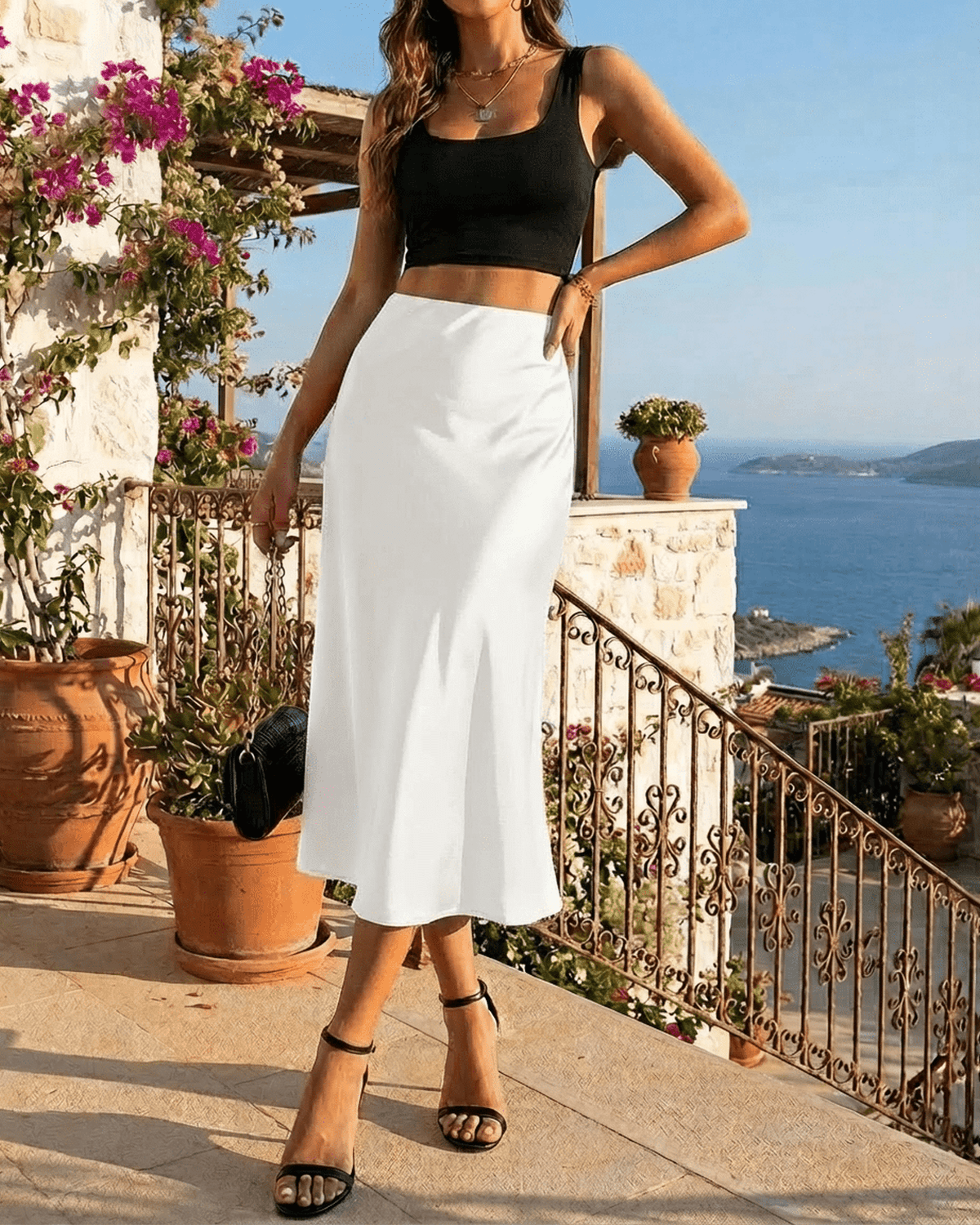 White Satin Midi Skirt, lifestyle shot | Ramblion | SKU: LMS-74821-white-L-1466,LMS-74821-white-M-2017,LMS-74821-white-S-7672,LMS-74821-white-XL-3746,LMS-74821-white-XS-5605