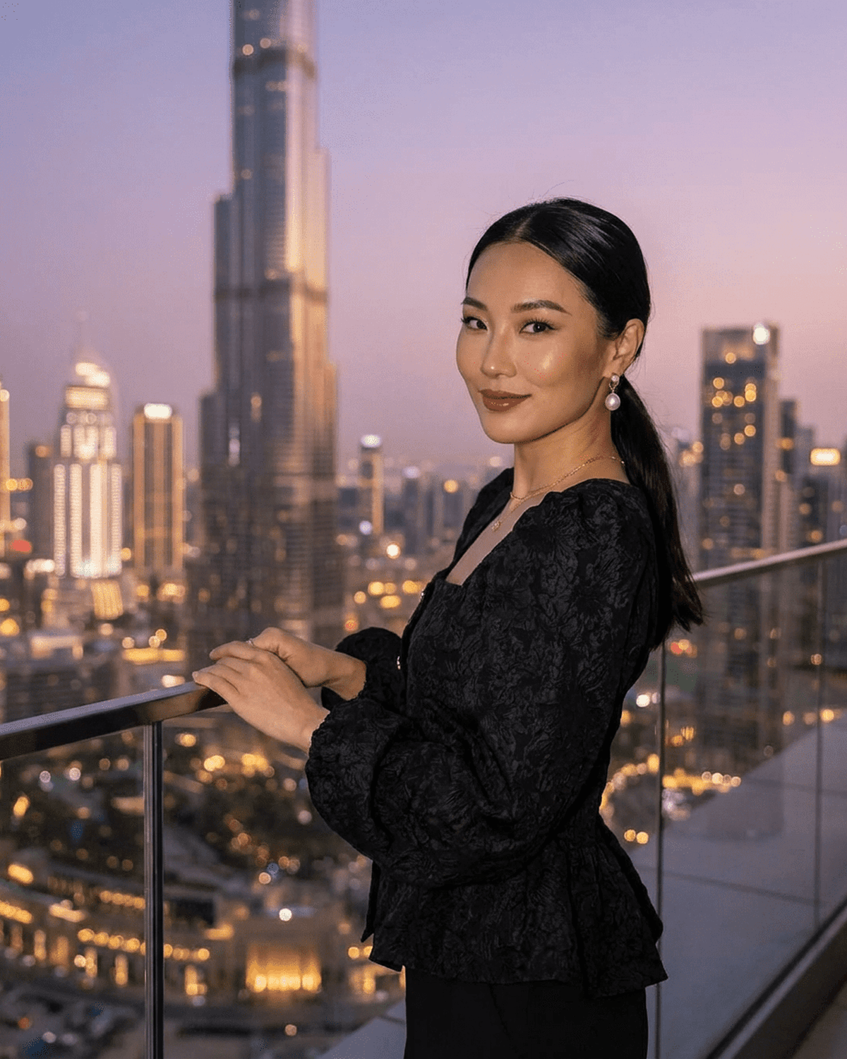Model wearing Noir Corset Top by RAMBLION with a skyline view at dusk, showcasing jacquard fabric and puff sleeves.