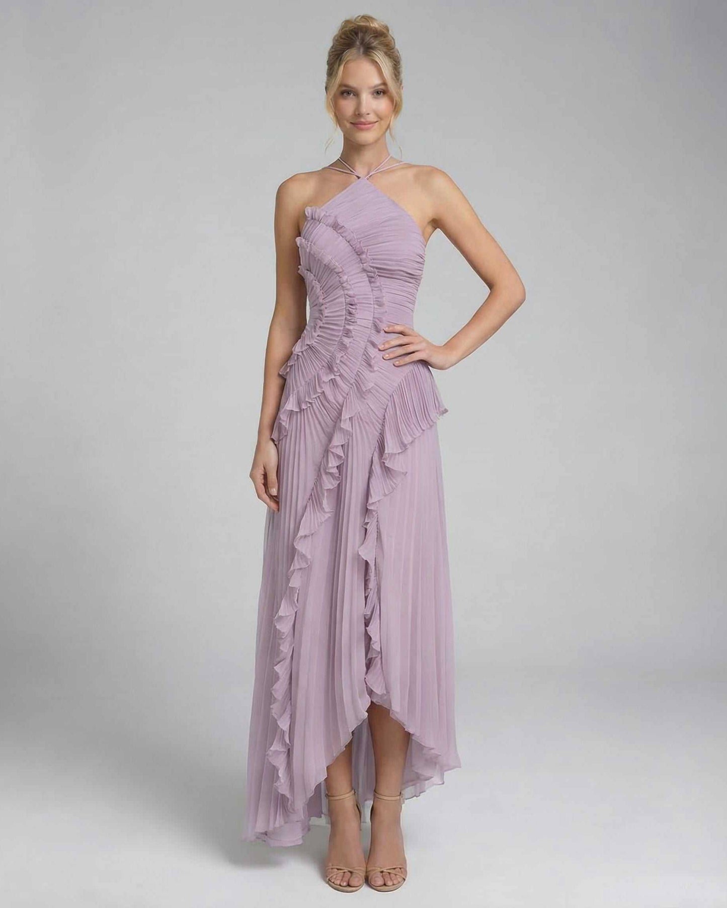 Lavender Satin Bodycon Halter Sleeveless Maxi Dress | Prom & Cocktail Hour, front view | Ramblion | SKU: LMX-359471820-lavender-L-8354,LMX-359471820-lavender-M-3589,LMX-359471820-lavender-S-5112,LMX-359471820-lavender-XL-2710,LMX-359471820-lavender-XS-6439