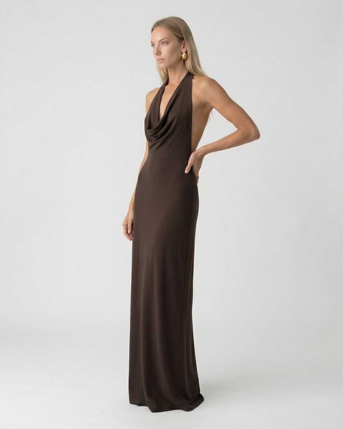 Lixa Maxi Dress by RAMBLION, brown satin, halter neckline, elegant fit, perfect for formal occasions.