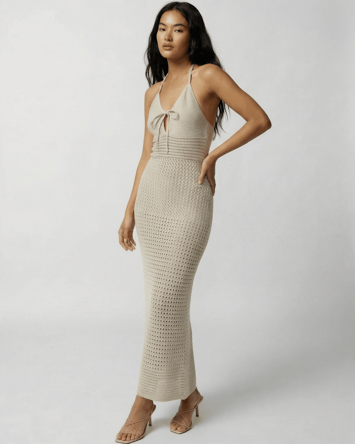 Beige Satin Gown Halter Sleeveless Maxi Dress | Wedding Season, front view | Ramblion | SKU: SMD-53829-beige-L-8754,SMD-53829-beige-M-2337,SMD-53829-beige-S-8606,SMD-53829-beige-XL-5024,SMD-53829-beige-XS-1692