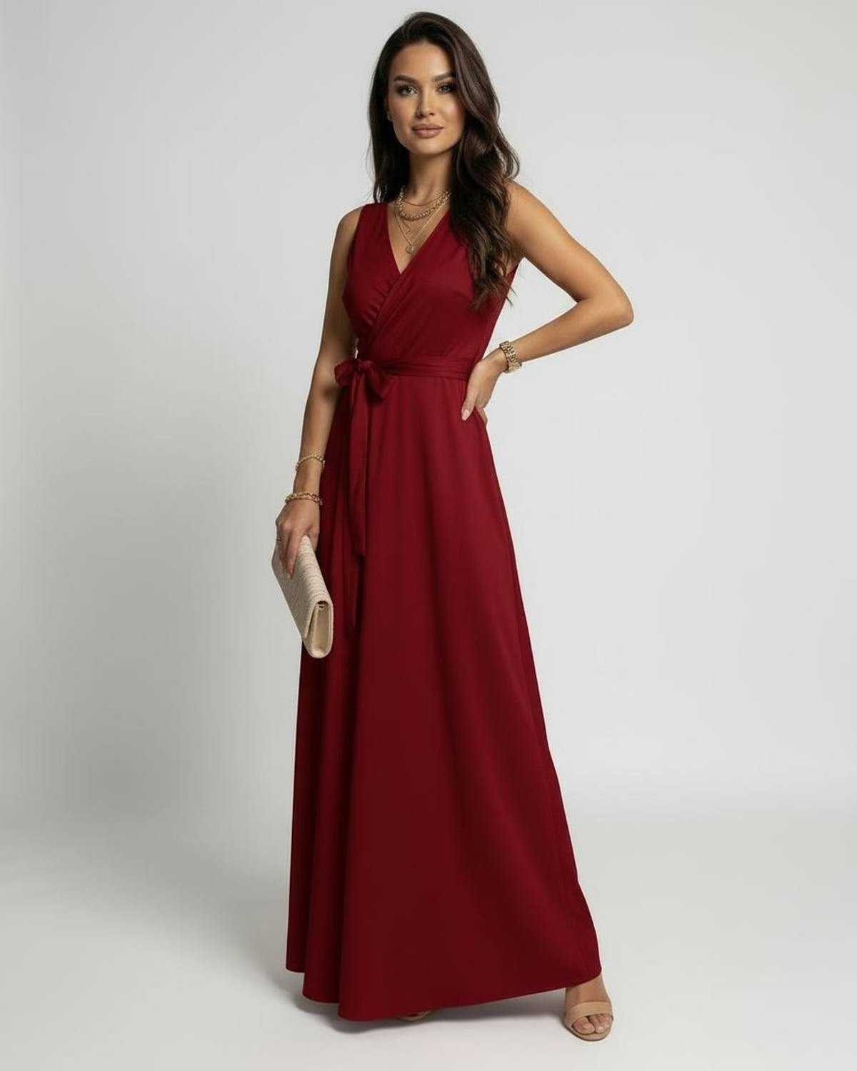 Red Satin Wrap V-Neck Sleeveless Maxi Dress | Formal Occasions & Party Nights, front view | Ramblion | SKU: EMD-384726195-red-L-1268,EMD-384726195-red-M-3052,EMD-384726195-red-S-1260,EMD-384726195-red-XL-2360,EMD-384726195-red-XS-5517