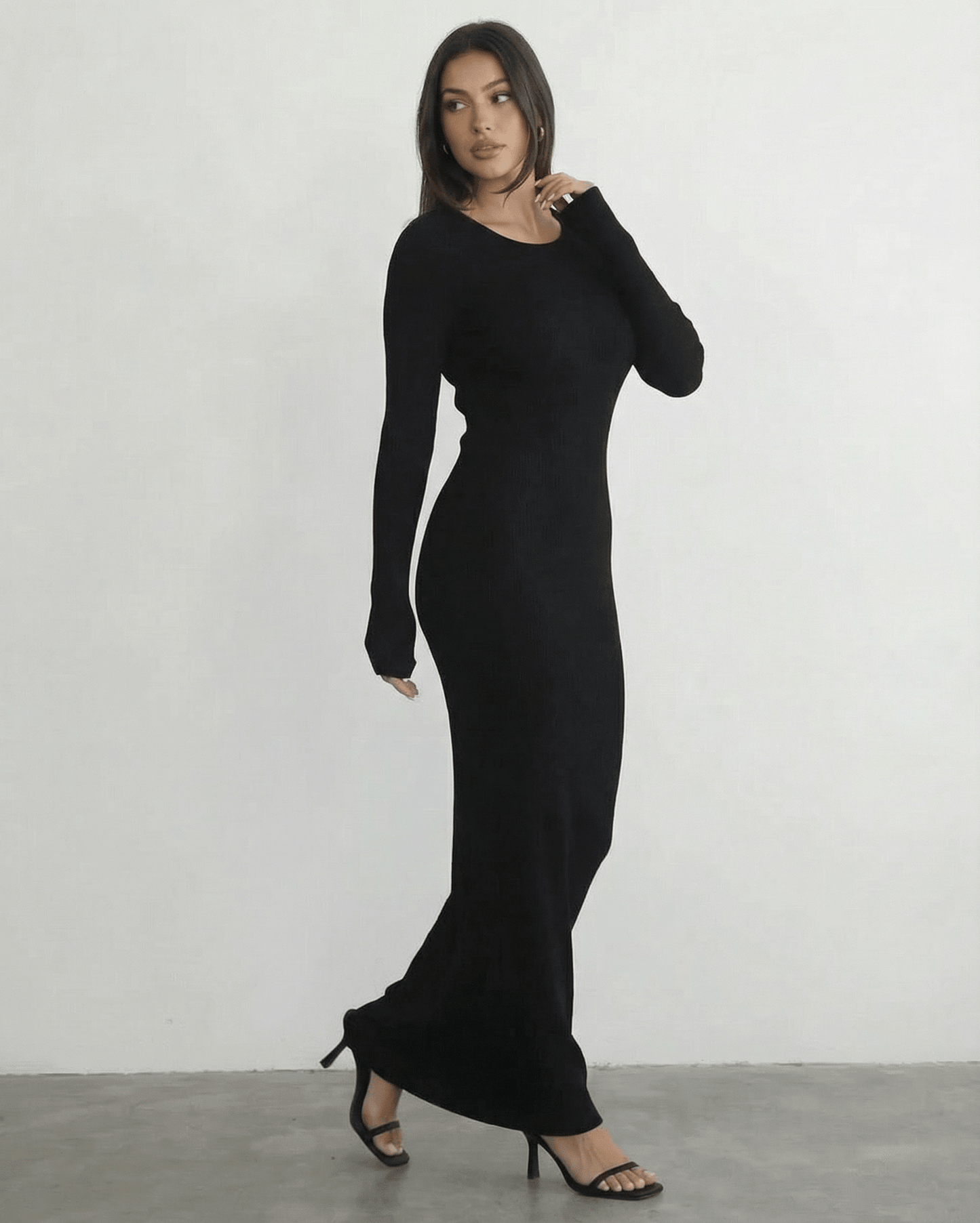 Black Cotton Gown Round Neck Long Sleeve Maxi Dress | Formal Events & Night Out, side view | Ramblion | SKU: NMD-48392-black-L-452,NMD-48392-black-M-2827,NMD-48392-black-S-7779,NMD-48392-black-XL-9907,NMD-48392-black-XS-4906