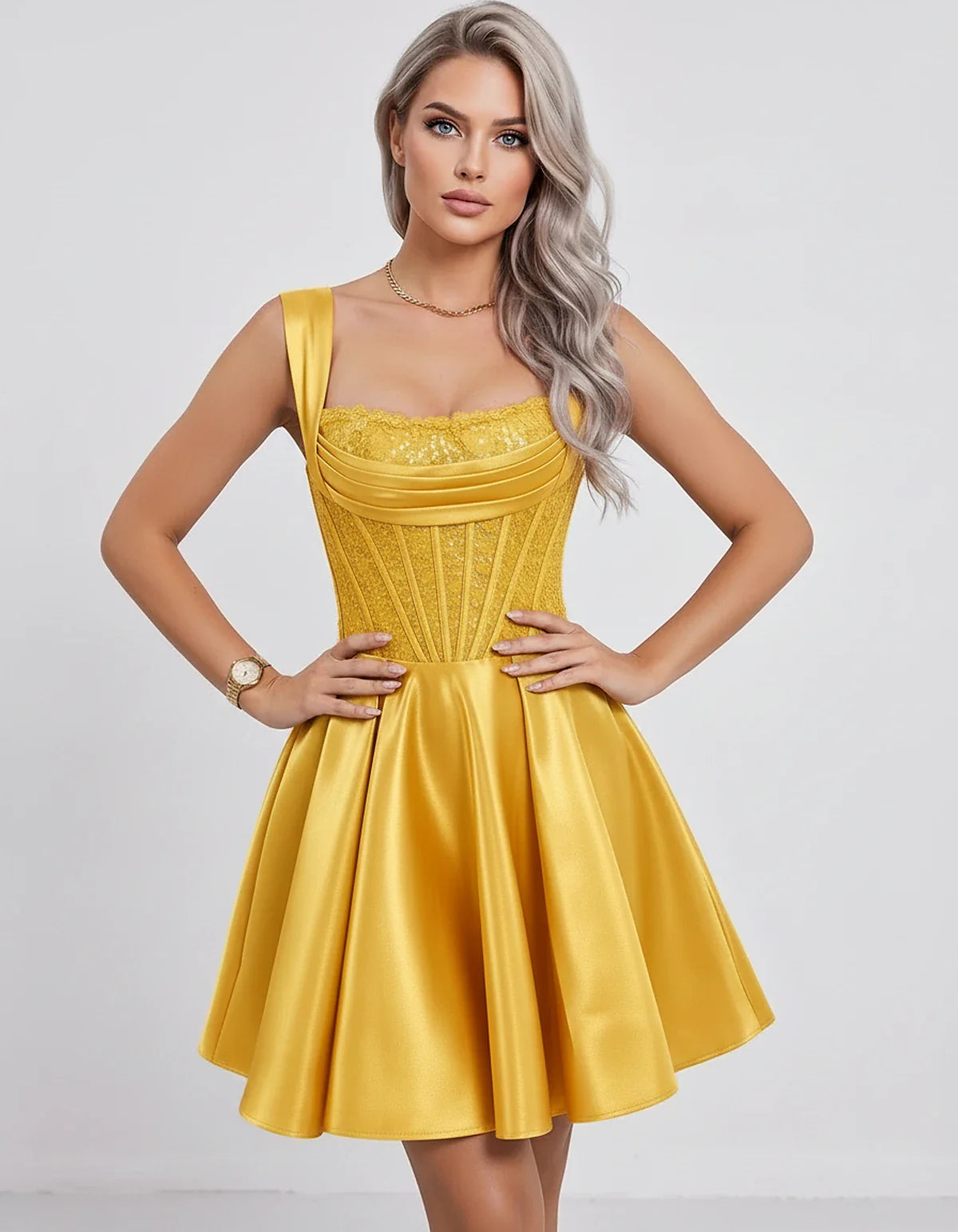 Satin & Sequined Lace Sleeveless Square Neck A-Line Mini Dress for Party, Cocktail, Evening, Summer & Wedding Guest Events, f | SKU: LM-582914706381524-YELLOW-L,LM-582914706381524-YELLOW-M,LM-582914706381524-YELLOW-S,LM-582914706381524-YELLOW-XL,LM-582914706381524-YELLOW-XS