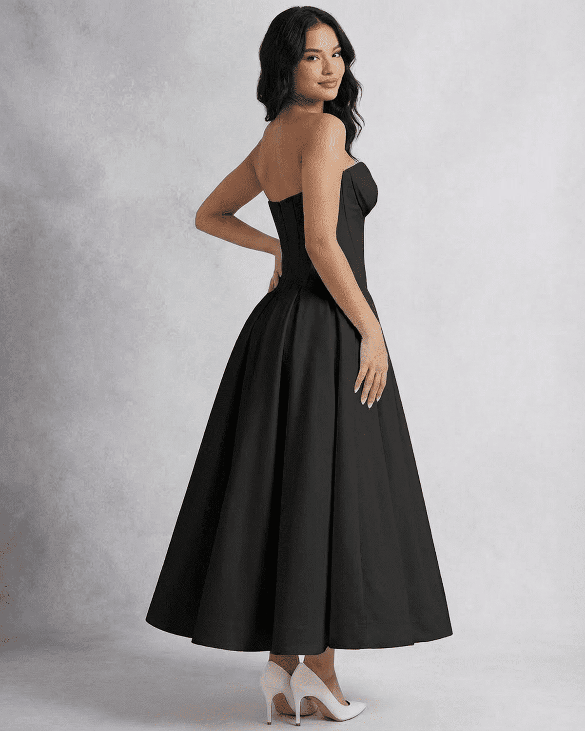 Black A-line Strapless Midi Dress | Weddings, side view | Ramblion | SKU: NMD-36941-black-L-6311,NMD-36941-black-M-2029,NMD-36941-black-S-5642,NMD-36941-black-XL-5115,NMD-36941-black-XS-3565