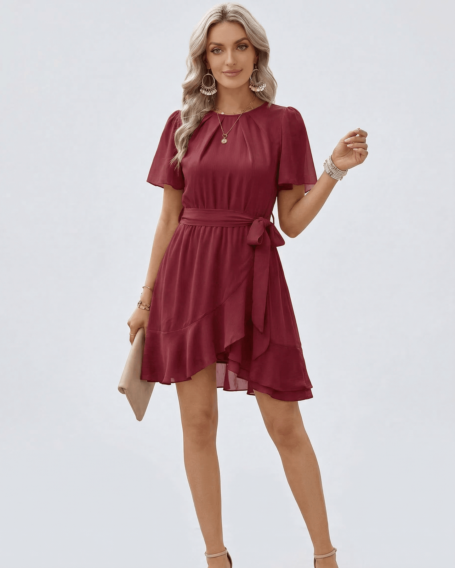 Burgundy Satin Bodycon Round Neck Sleeveless Mini Dress | Weddings, front view | Ramblion | SKU: BRD-527193846-burgundy-L-8765,BRD-527193846-burgundy-M-9251,BRD-527193846-burgundy-S-9407,BRD-527193846-burgundy-XL-2188,BRD-527193846-burgundy-XS-3500