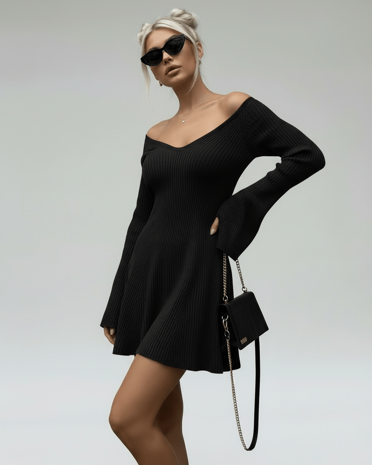 Black Cotton A-line V-Neck Sleeveless Mini Dress | Gala Nights, Night Out & Casual Outings, front view | Ramblion | SKU: NMD-582739101-black-L-8217,NMD-582739101-black-M-3371,NMD-582739101-black-S-2920,NMD-582739101-black-XL-3680,NMD-582739101-black-XS-9846