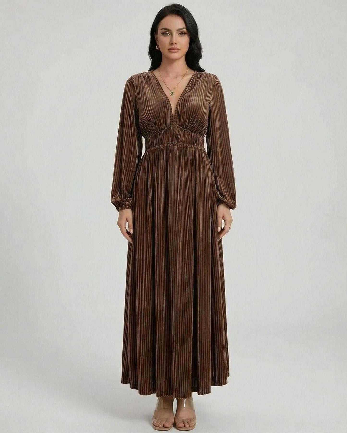 Brown Velvet Gown V-Neck Long Sleeve Maxi Dress | Bridal Showers, front view | Ramblion | SKU: SMD-59284-brown-L-738,SMD-59284-brown-M-3545,SMD-59284-brown-S-9794,SMD-59284-brown-XL-5936,SMD-59284-brown-XS-2478