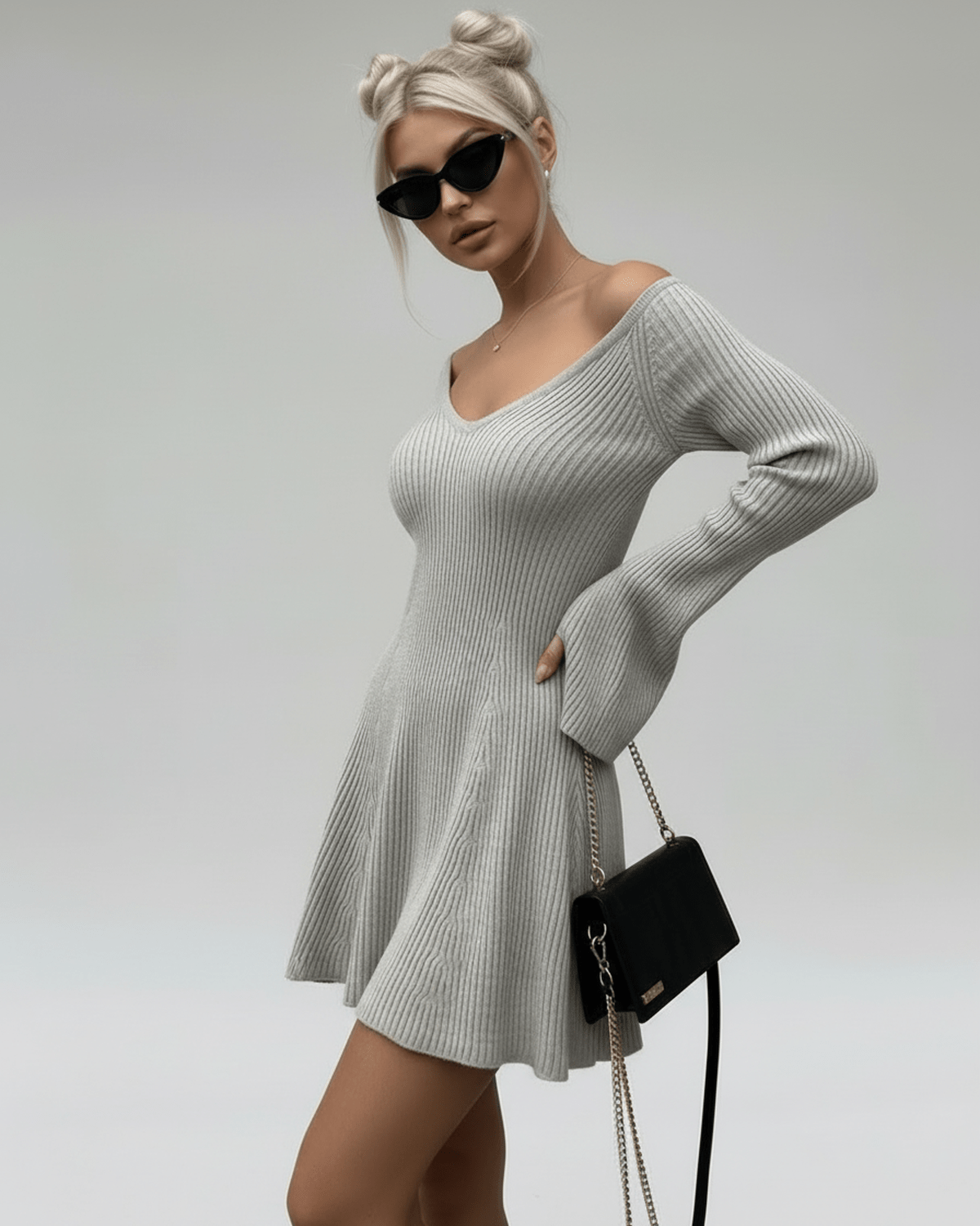 Gray Cotton A-line V-Neck Sleeveless Mini Dress | Black-Tie Events & Brunch, side view | Ramblion | SKU: LMD-582739130-gray-L-1094,LMD-582739130-gray-M-9917,LMD-582739130-gray-S-3061,LMD-582739130-gray-XL-3466,LMD-582739130-gray-XS-3684